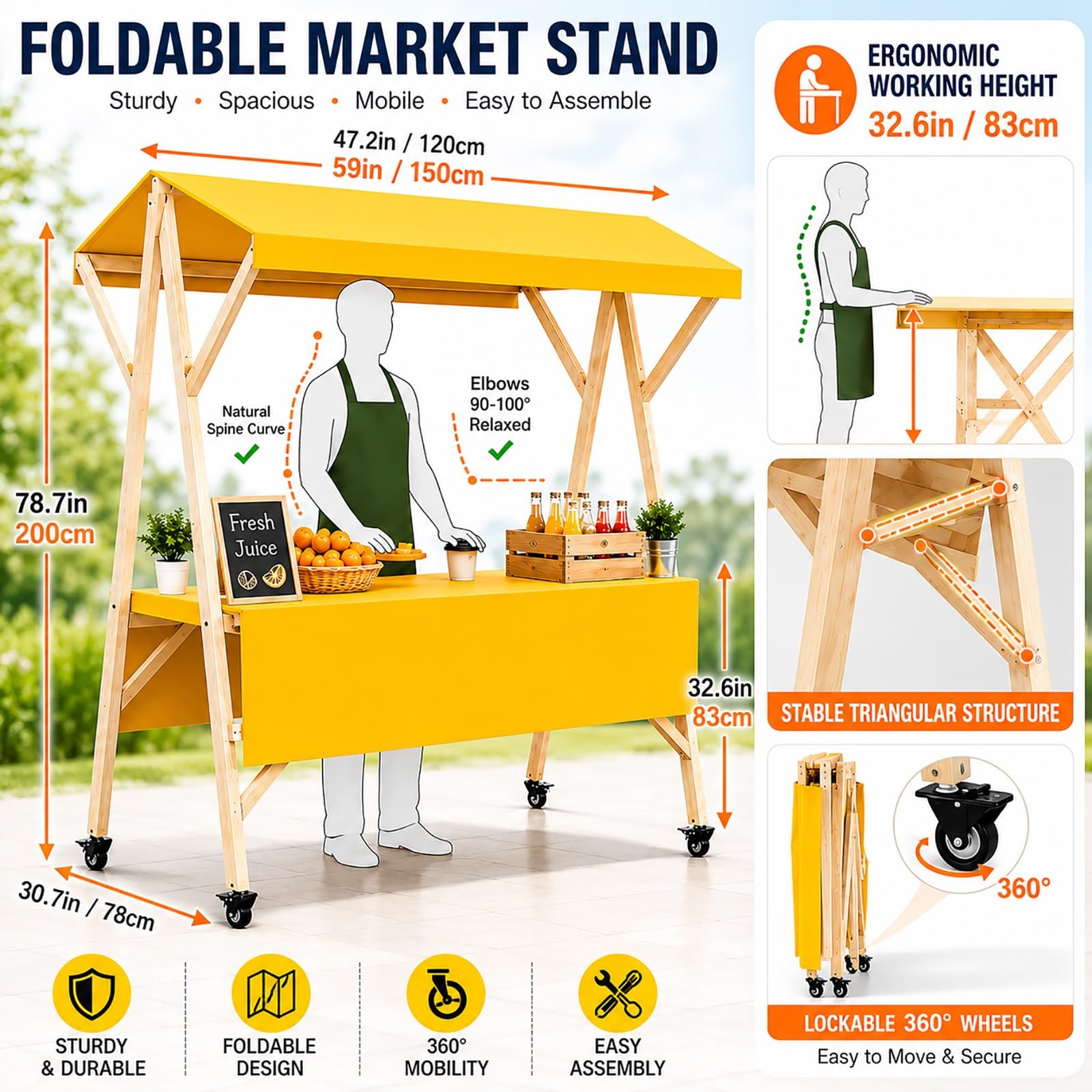 Carrello portatile con ruote, pieghevole, per mercati, eventi e cabine degli agricoltori all'aperto, display da 47 pollici per frullati, limonata e altro