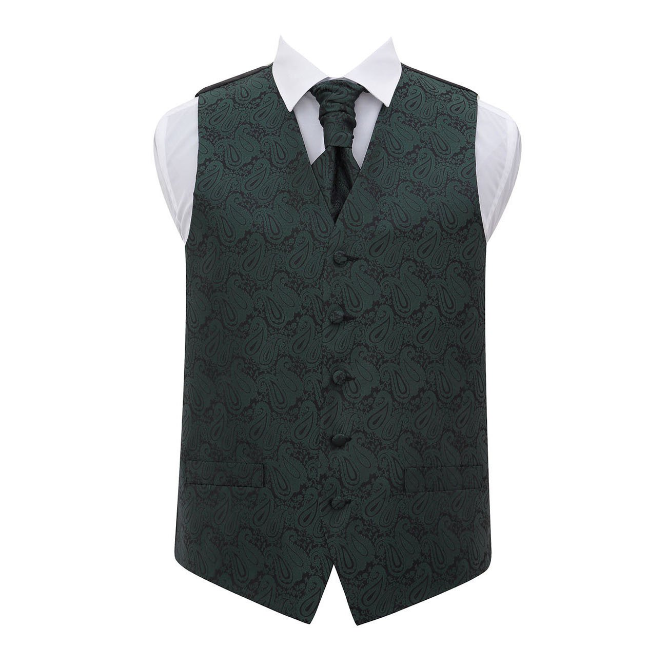 DQT Mens Paisley Floral Waistcoat & Pre-Tied Scrunchie Cravat Set (2pc) - Wedding, Business & Formal Suit Vest - Emerald Green 44" (2XL)