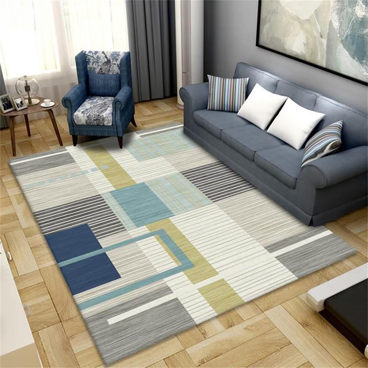 Tapis bébé géométrique gris-bleu 80x150cm antidérapant pour chambre