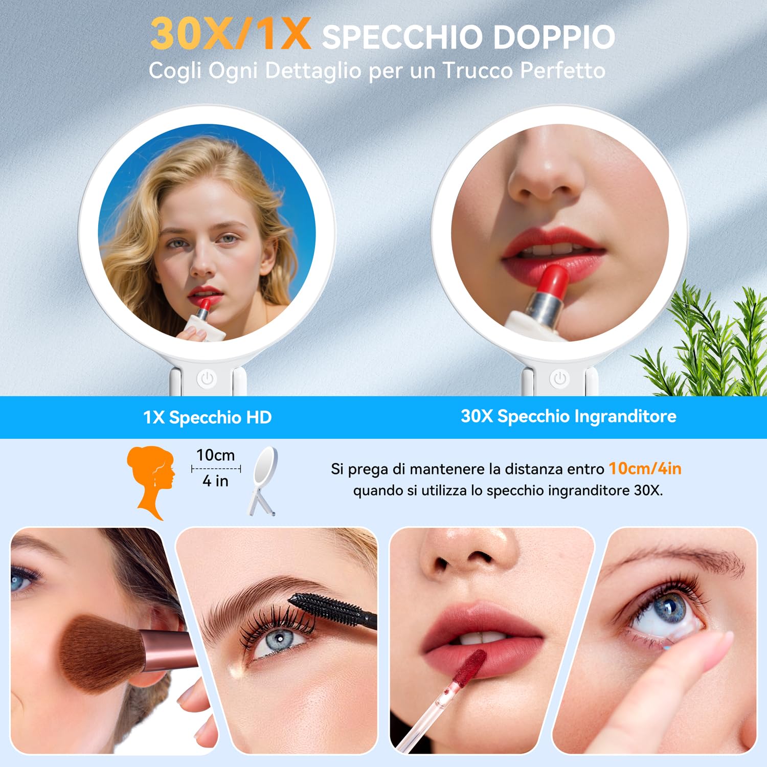 Auxmir Specchio Trucco con Luci LED, Specchio Ingranditore Bifacciale 30X/1X, 3 Colori Regolabile, Specchio da Tavolo Pieghevole, Compatto a Mano e per Appendere, Ricaricabile e Portatile da Viaggio