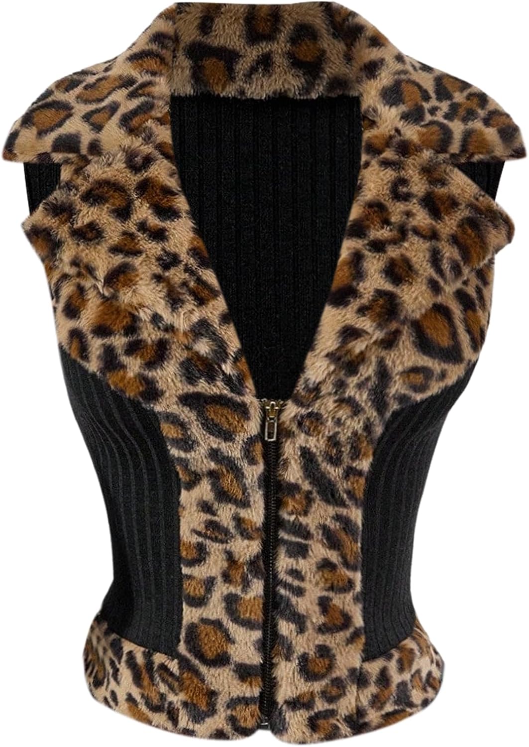 Milumia Women's Leopard Print Faux Fur Vest Zip Up Sleeveless Lapel Collar Jackets Coats