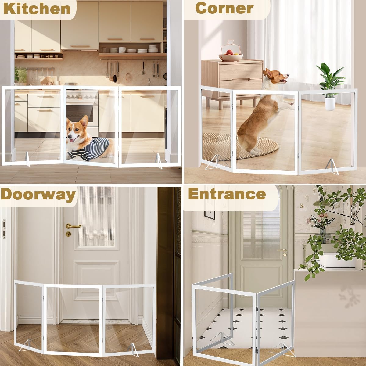 Extra Wide Clear Dog Gate 31" Tall Clear Acrylic Freestanding Dog Gate Transparent Pet Gate for Doorways Stairs 3-Panels