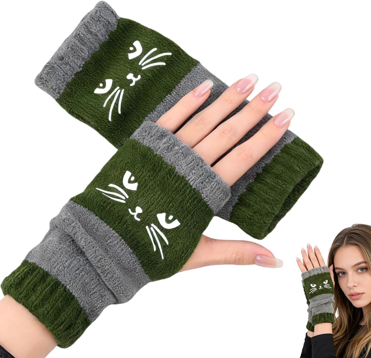 Cat Embroidery Splicing Knitted Gloves,Fingerless CatGloves,Knit Fingerless Gloves for Women Warm Cozy Winter Vintage