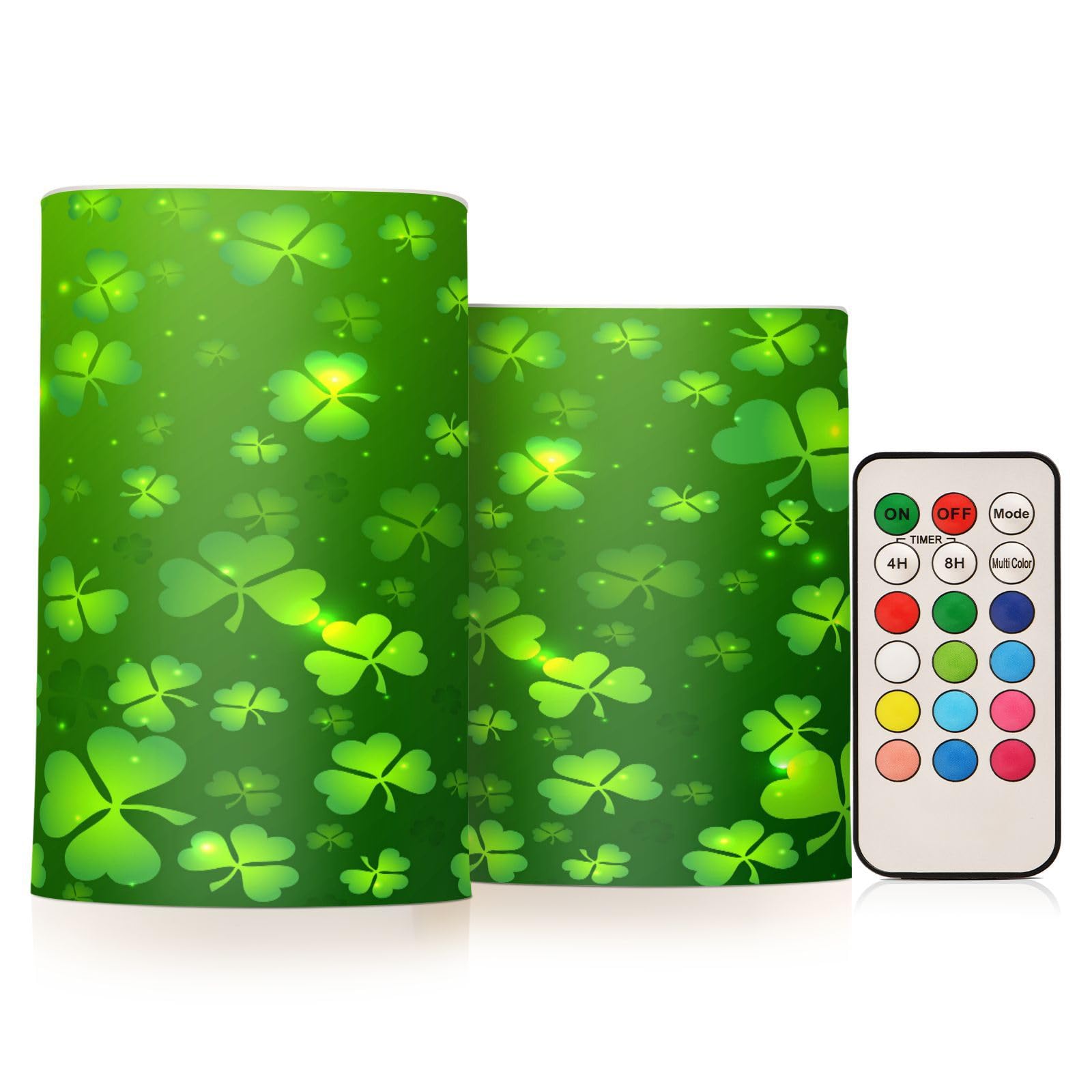 ALAZA Saint Patrick's Day Clover Flickering Flameless Candles Battery Operated with Remote Timer,Tea Light Candles LED Pillar Votive Candles Set of 2 for Outdoor Indoor Decorations