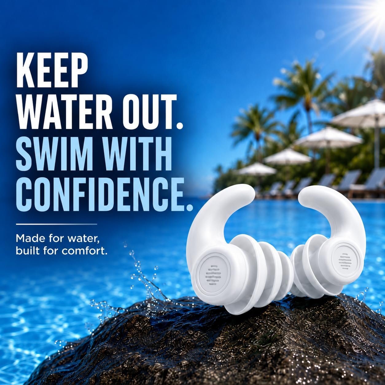 Pro Swim Tapones para los oídos, 3 pares, impermeables, reutilizables, de silicona, para natación, surf, esnórquel y todos los deportes acuáticos, negro, blanco, gris