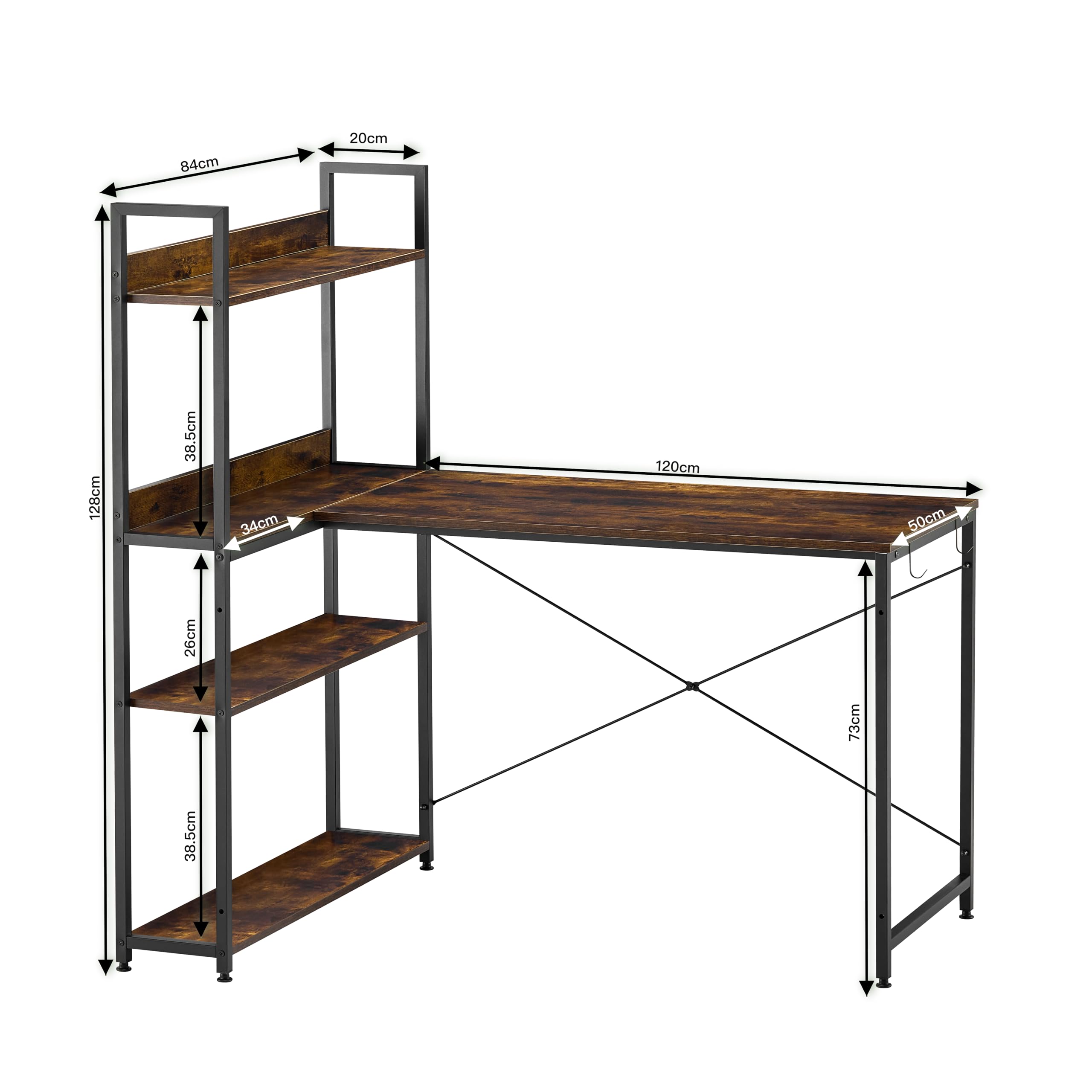 Garvis Eckschreibtisch 120x50 cm (128 cm Hoch) – L-Form Gaming Tisch mit 3-Tier Regal (Rustikal)