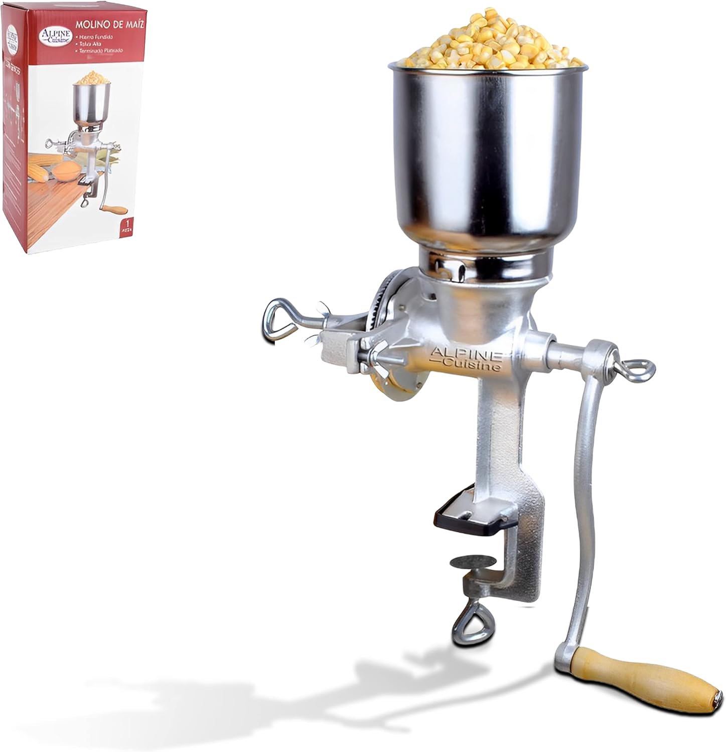 Alpine Cuisine Cast Iron Corn Grinder 17 Inch with High Hopper, Grinder for Corn Coffee Food Wheat Oats Nuts Spices Seeds Herb Grinder Great for Restaurants Kitchens Bakery