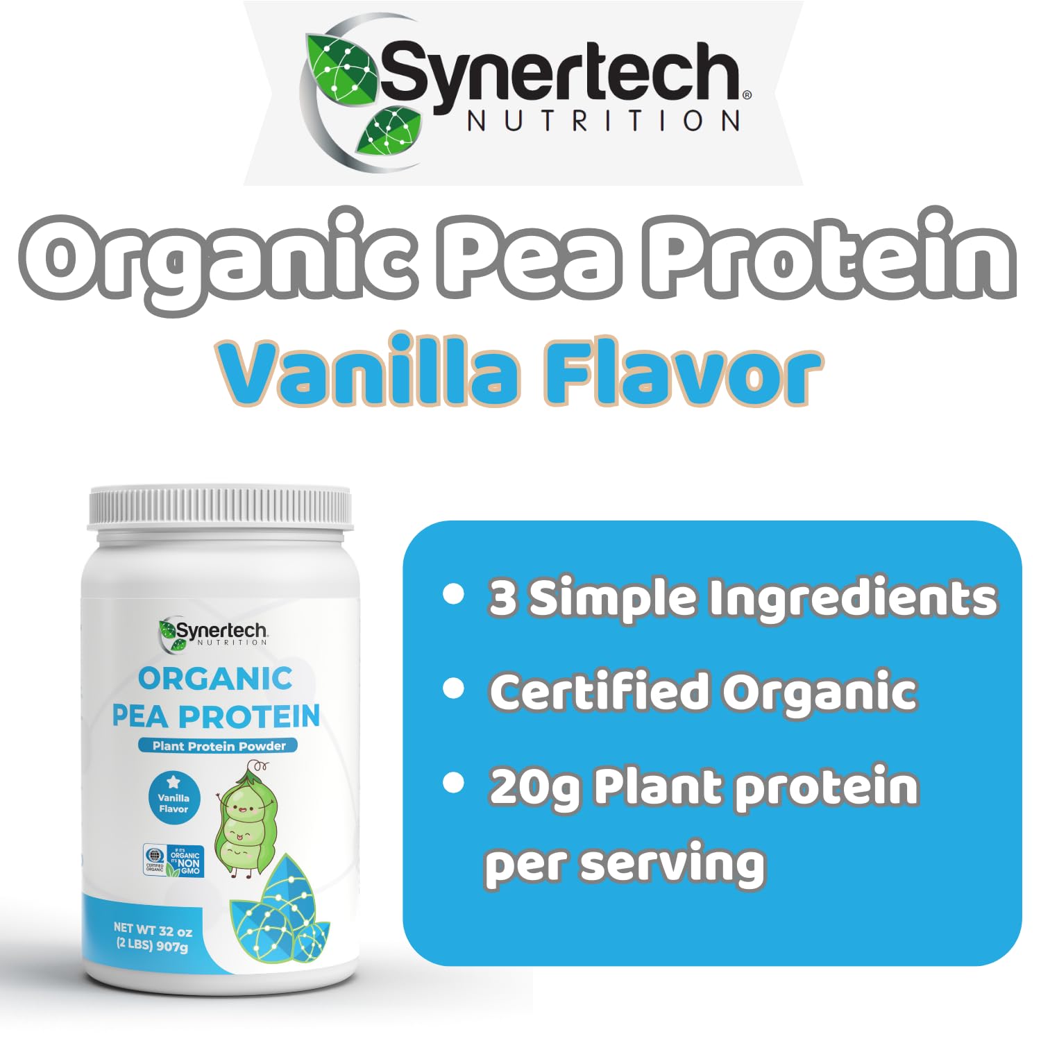 Synertech Nutrition Vegan Vanilla Flavored Pea Protein (2lbs) | Organic Plant-Based Protein - Non-GMO, Certified Organic