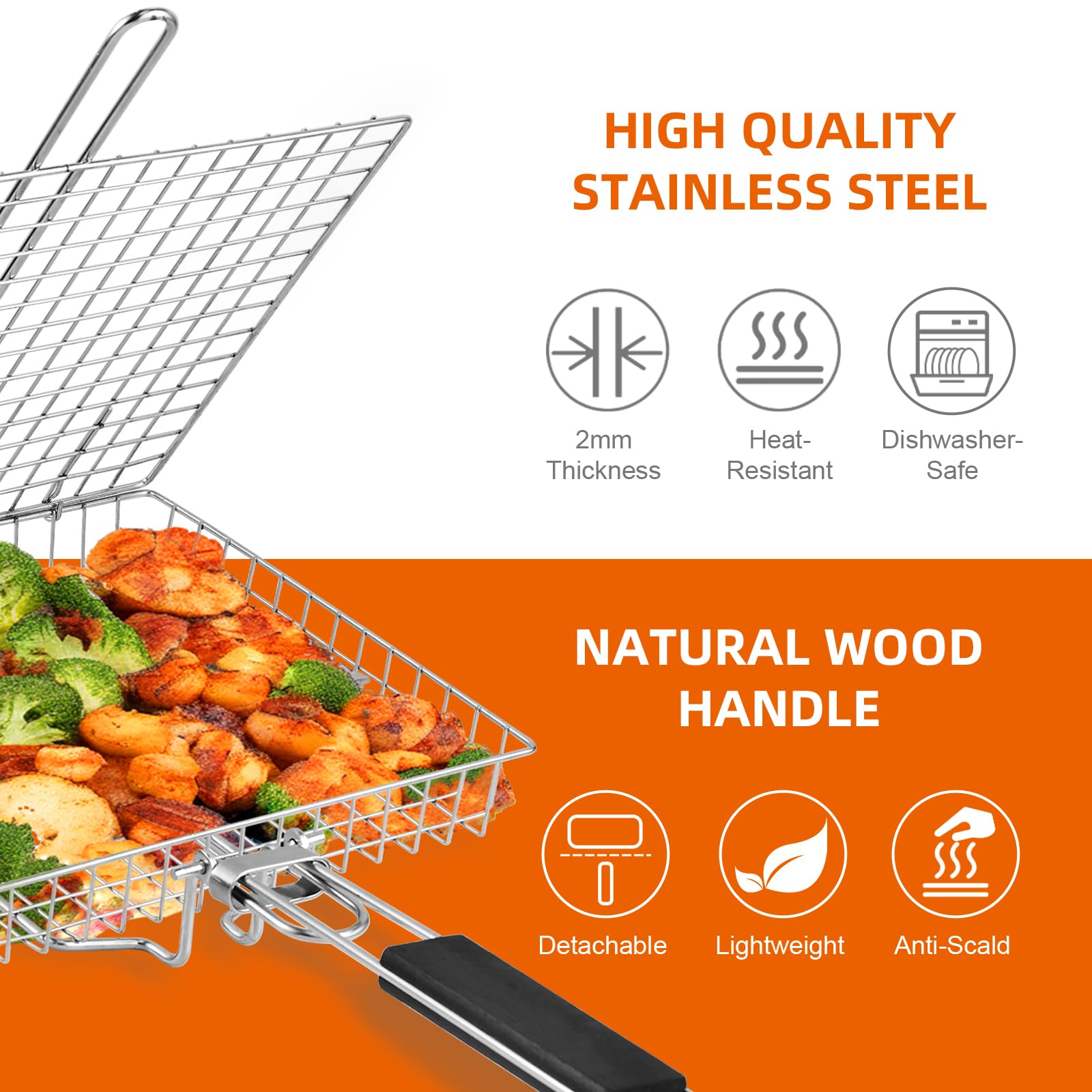 BEWOS Cestino per Grigliate di Pesce, Griglia Barbecue in Acciaio Inox con Borsa e Spazzola, Pieghevole e Portatile, Graticola per Barbecue con Manico Rimovibile per Bistecche di Pesce e Verdure