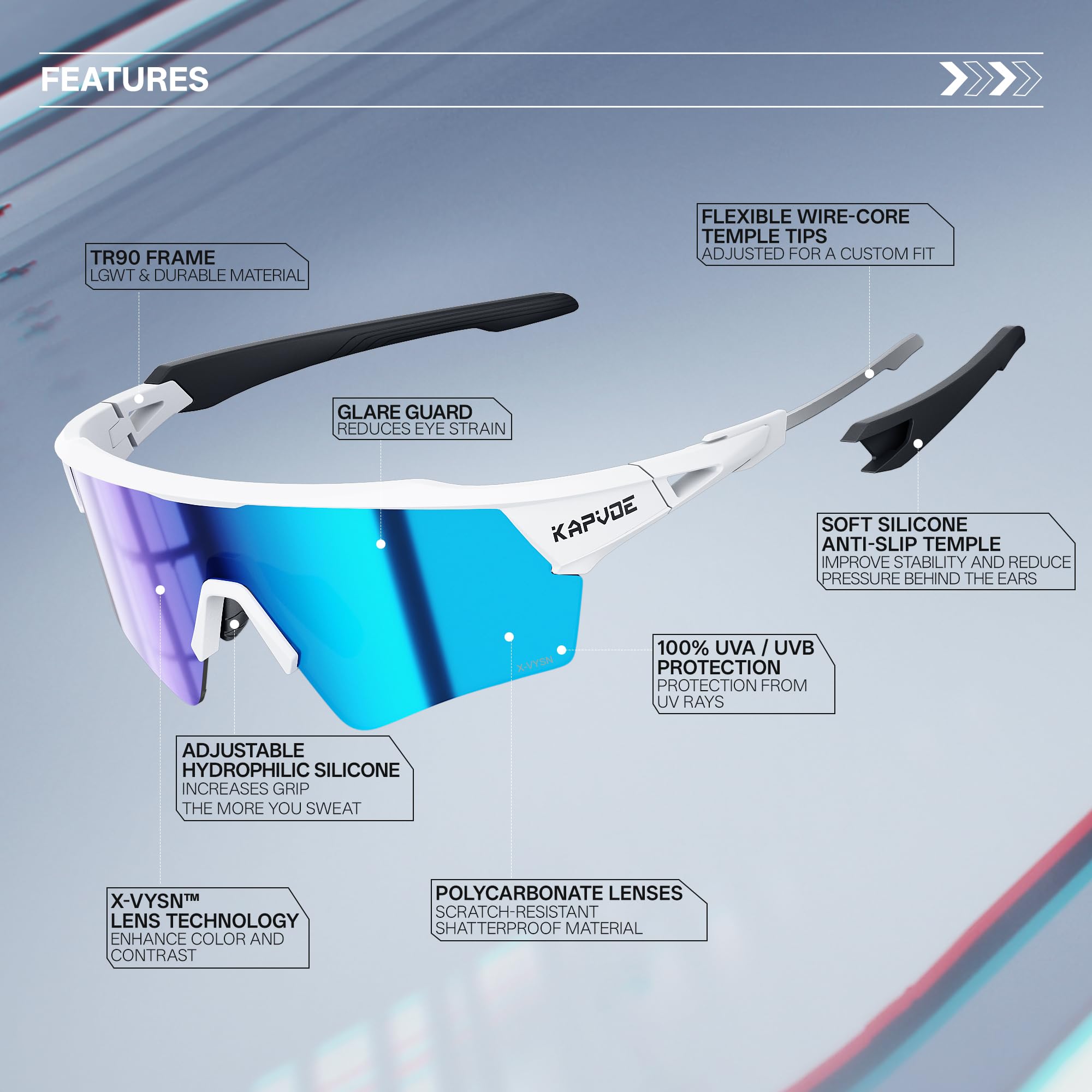 KAPVOE Polaryzowane okulary rowerowe dla mężczyzn i kobiet, okulary do jazdy na rowerze górskim, 3 wymienne soczewki, oprawki TR90, sportowe okulary przeciwsłoneczne, ochrona UV400, do jazdy na