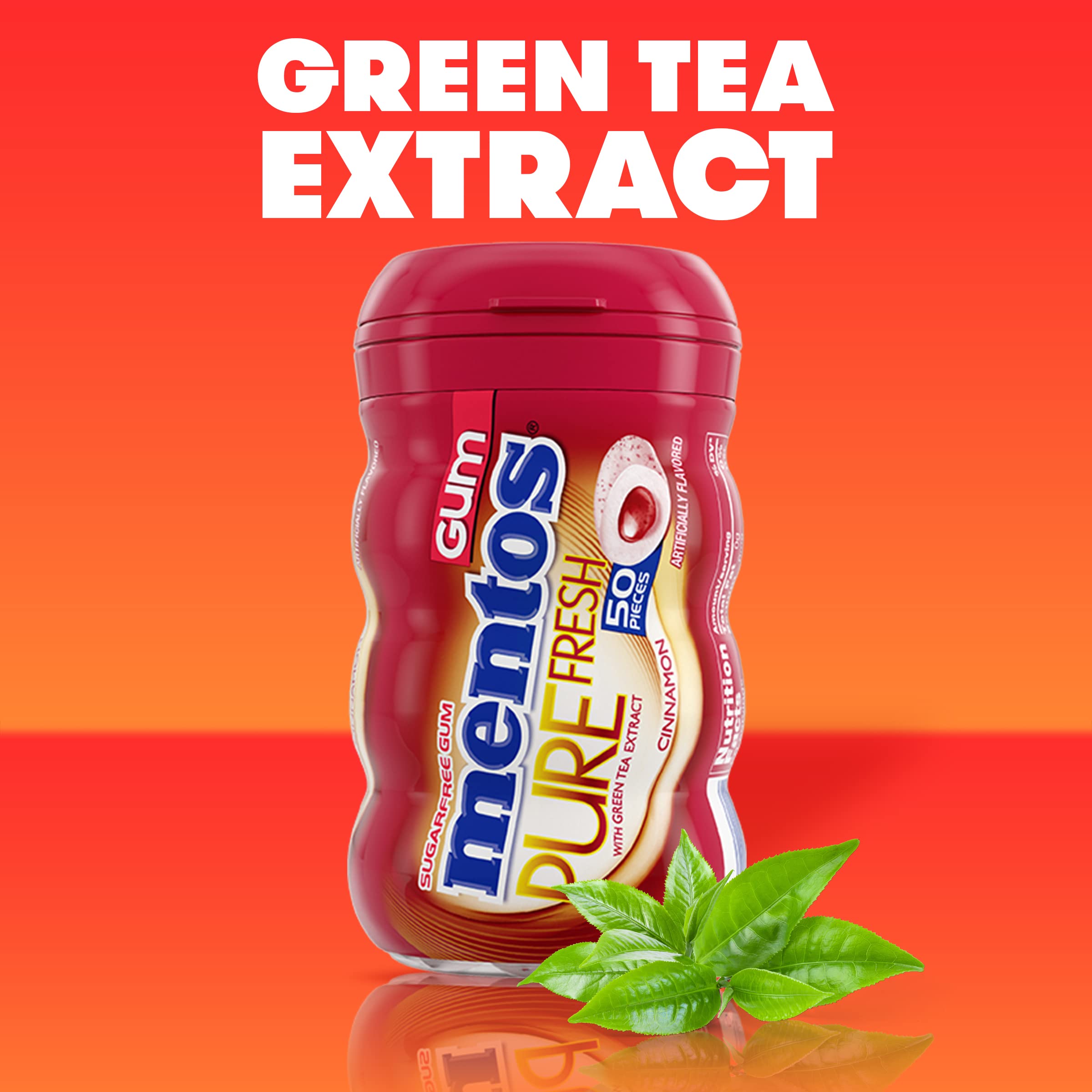 Mentos Pure Fresh Sugar-Free Chewing Gum with Xylitol, Cinnamon, 90% Recyclable Curvy Bottle, 50 Pieces per Bottle, 4 Pack