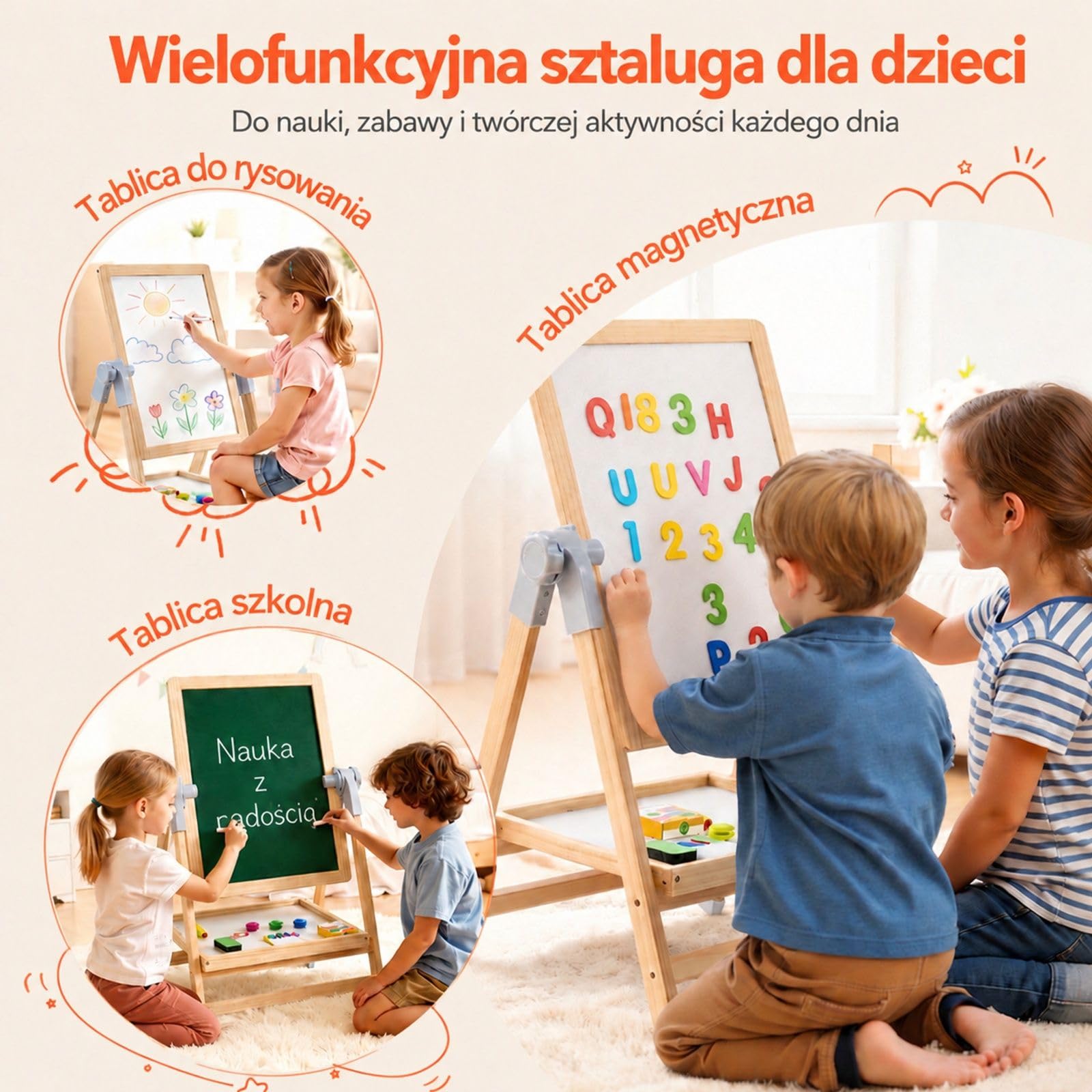 Sztaluga artystyczna 2 w 1, tablica kredowa i suchościeralna, drewniana rama, akcesoria do rysowania