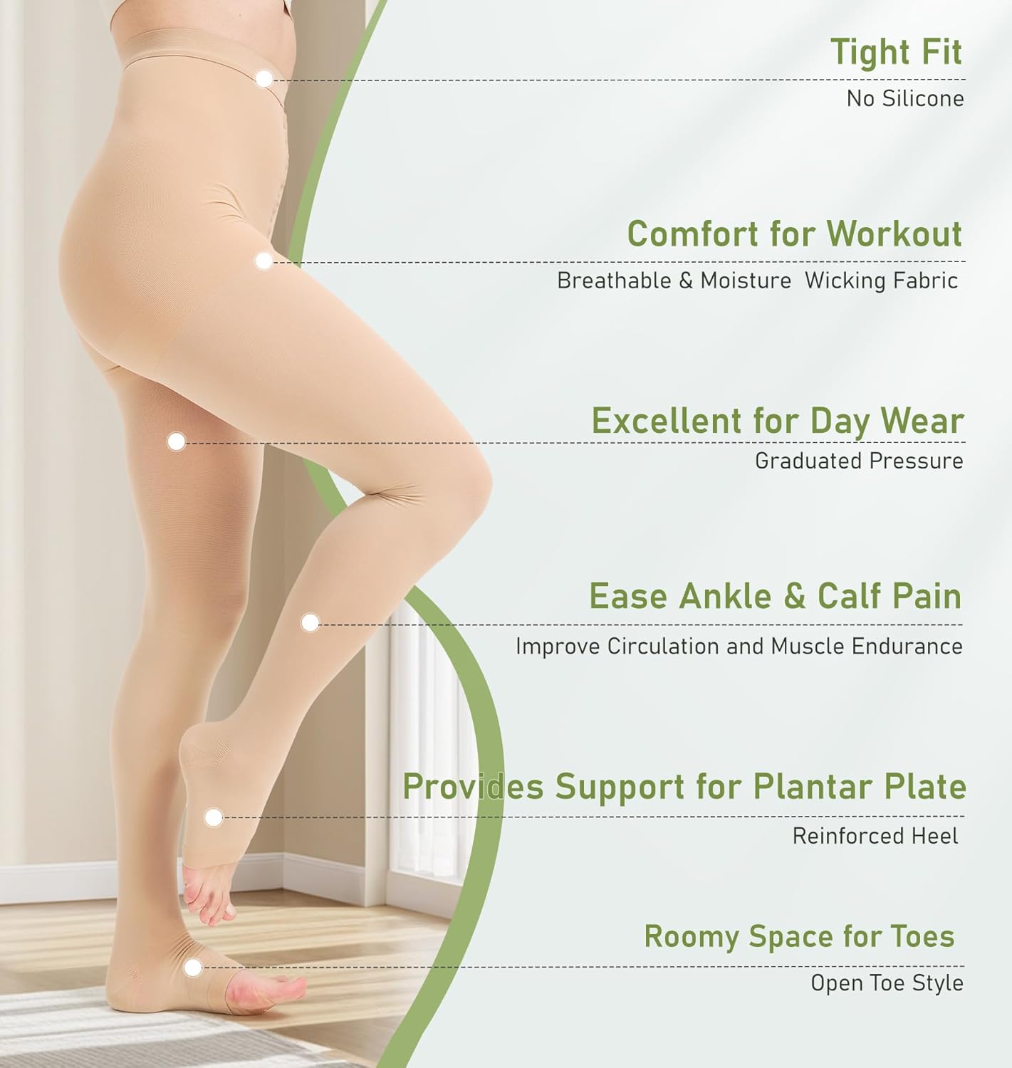 KEKING Medical Compression Pantyhose for Women & Men, Comfort 15-20 mmHg Graduated Compression Support Stockings, Open Toe Compression Tights for Varicose Veins, Edema, Flight, Beige S - Image 2