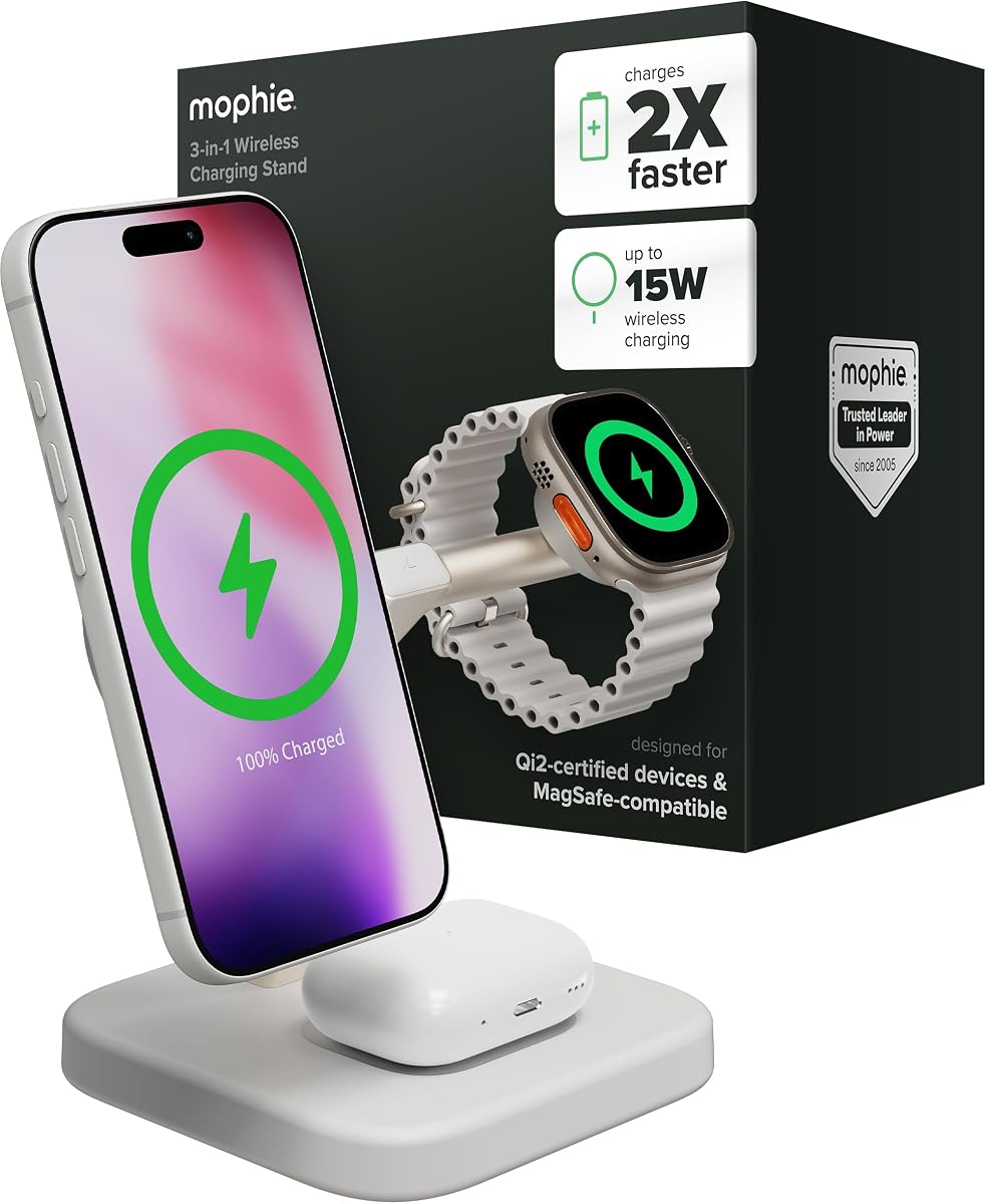 Soporte de carga inalámbrico 3 en 1 - Certificado Qi2, cargador MagSafe para iPhone, Apple Watch y AirPods - Estación de carga rápida con soporte ajustable para teléfono y administración de cables - Hasta 15 W de potencia, blanco
