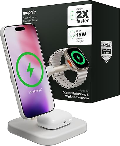 Miniatura 14 de Mophie Soporte de carga inalámbrico 3 en 1, certificado Qi2, cargador MagSafe para iPhone, Apple Watch y AirPods, estación de carga rápida