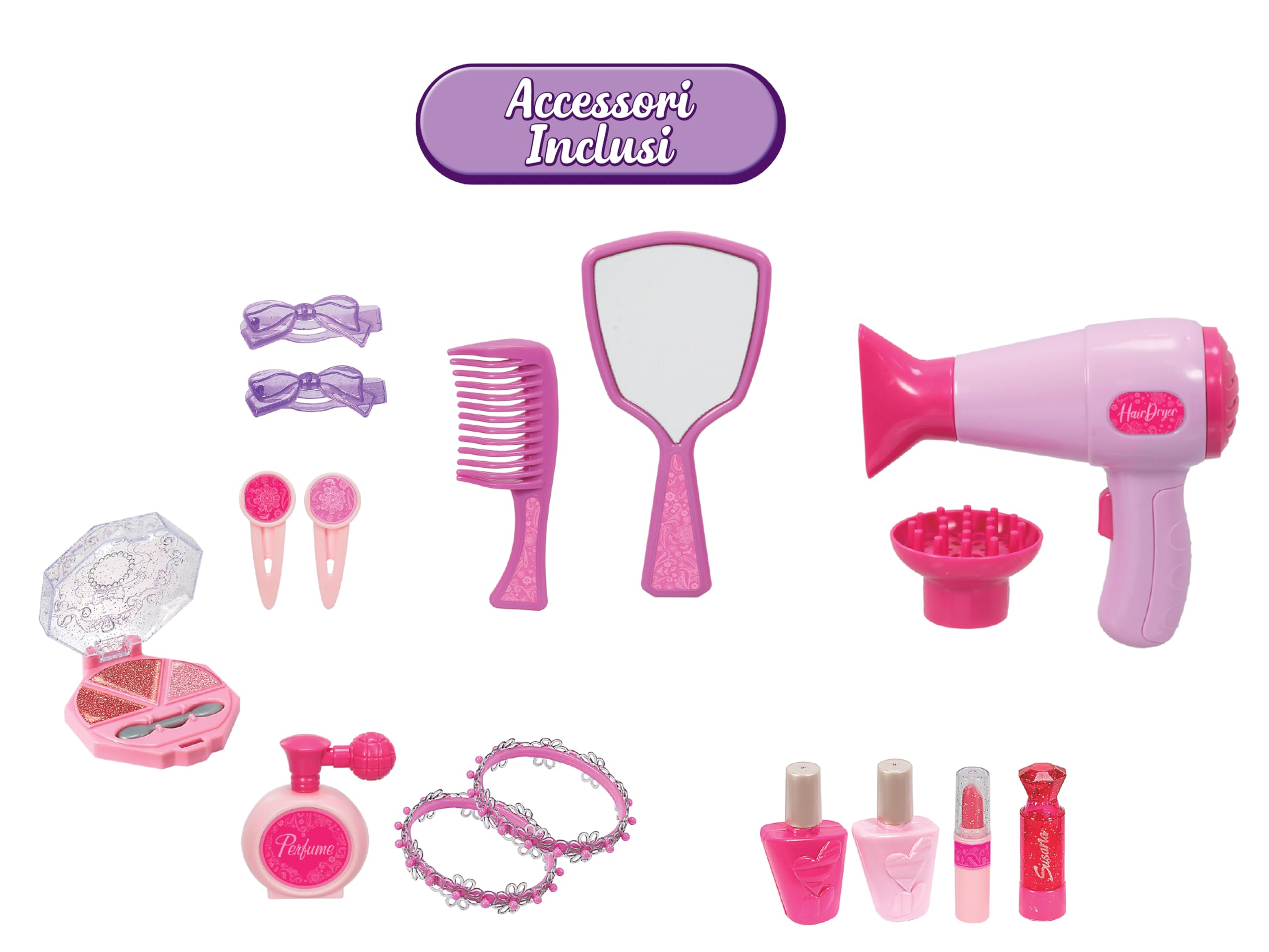 Teorema Giocattoli, Specchiera Magica Bambina con Sgabello, Postazione Trucco con Luci LED e Suoni Touch, Tavolo Trucco Interattivo, Asciugacapelli Funzionante a Batteria e Portagioie