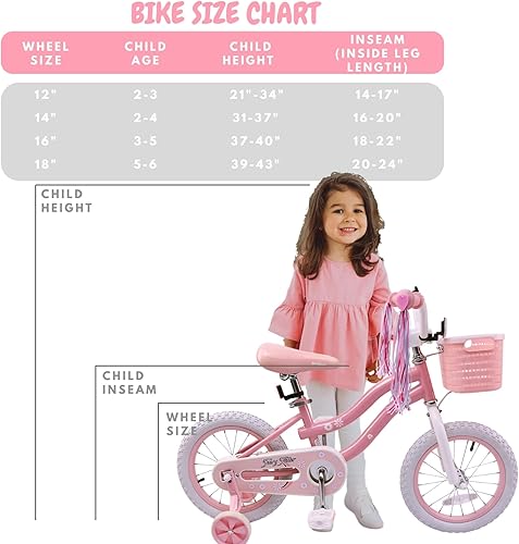 Miniatura 8 de Bicicleta para niñas de 3 a 5 años, bicicleta para niños con ruedas de entrenamiento, canasta, freno de posavasos, serpentinas, bicicleta de pedal