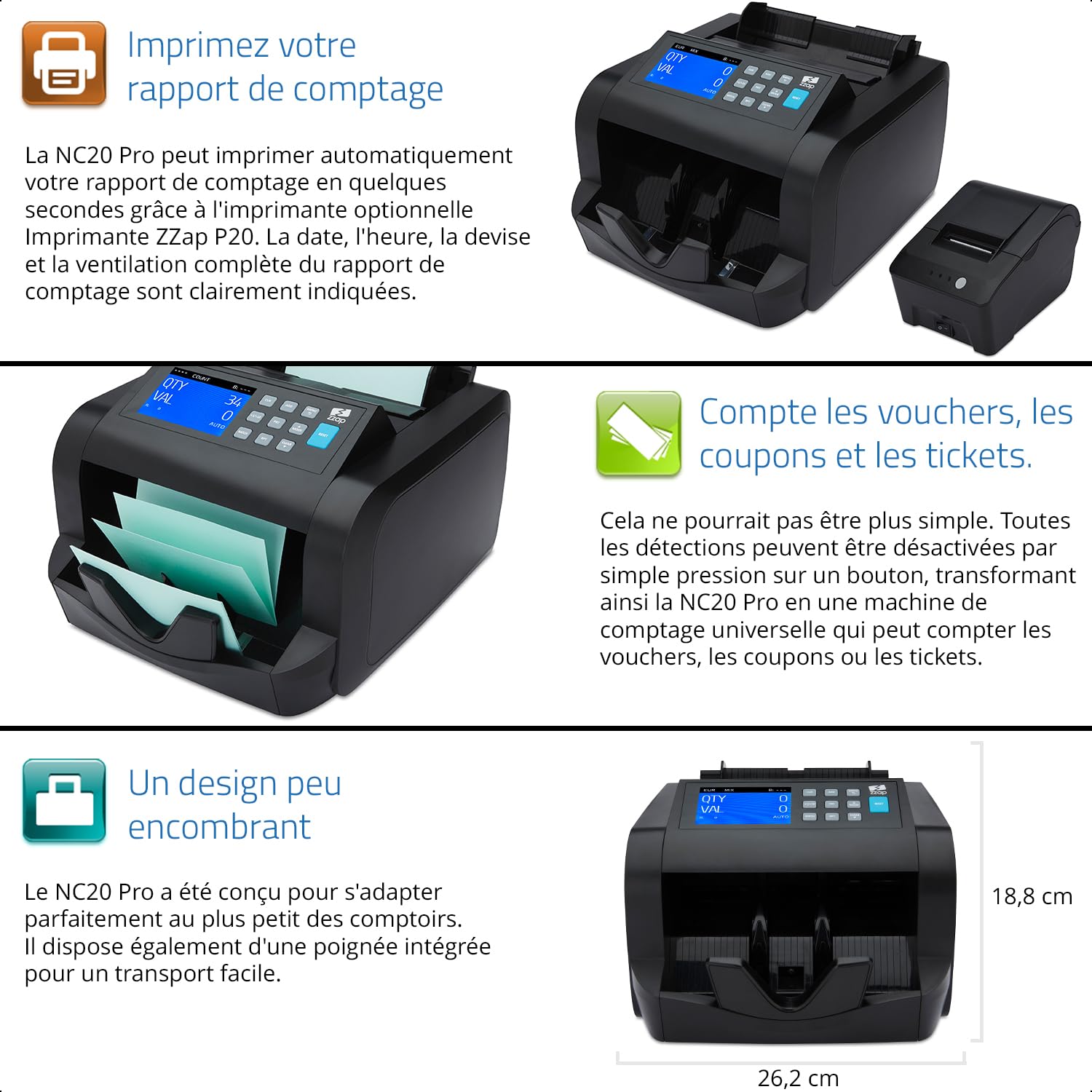 ZZap NC20 Pro Compteur de billets pour coupures mixtes & détecteur de faux billets – Machine à compter les billets, compteur de billets bancaires, compteur de valeur