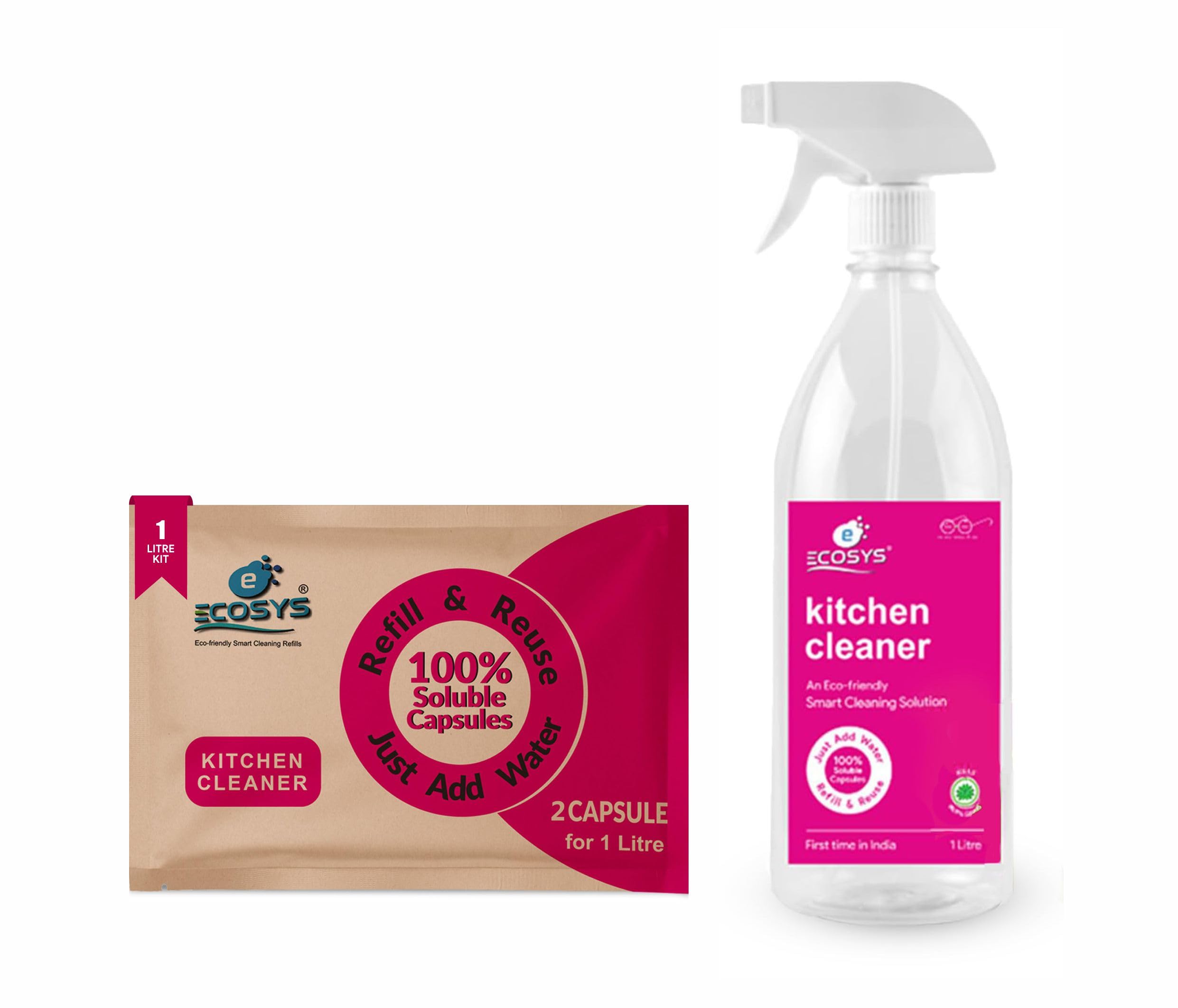 Ecosys 1L Kitchen Cleaner Capsules With Refillable Spray Bottle |Eco-Friendly Cleaner for Kitchen Surface, Mixer, Grinder, Exhaust Fan, Chimney |Effective Kitchen Cleaner-Pack of 1|1 Pack =1L