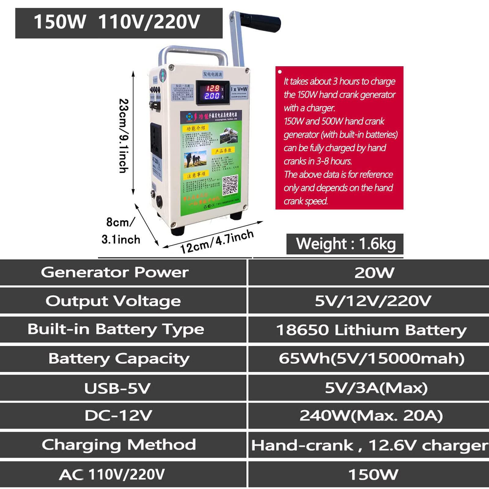 Generador de manivela de 150 W, generador de manivela, generador de manivela para acampar para teléfono móvil, estación de energía portátil con tomas de corriente de 220 V, fuente de alimentación de