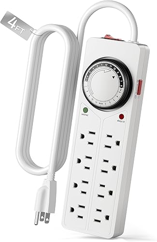 BN-LINK Protector contra sobretensiones de 8 salidas con temporizador mecánico (4 tomas temporizadas, 4 tomas siempre encendidas), color blanco