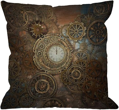 HGOD DESIGNS Steampunk - Funda de almohada Steampunk con reloj y diferentes engranajes, máquina de metal, bronce dorado, fundas de almohada