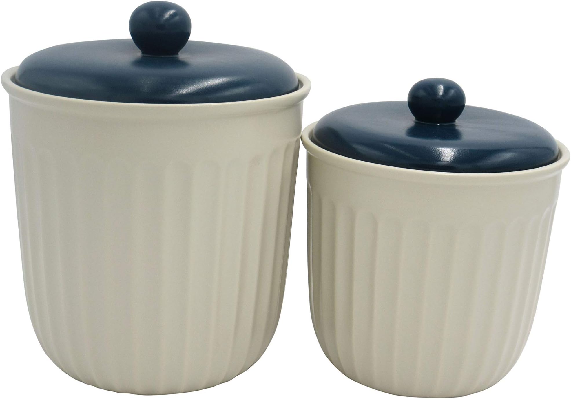 Amazon Brand – Ravenna Home Classic Stoneware 2-Piece Canister Set, 9.5"H and 7.625"H, White with blue