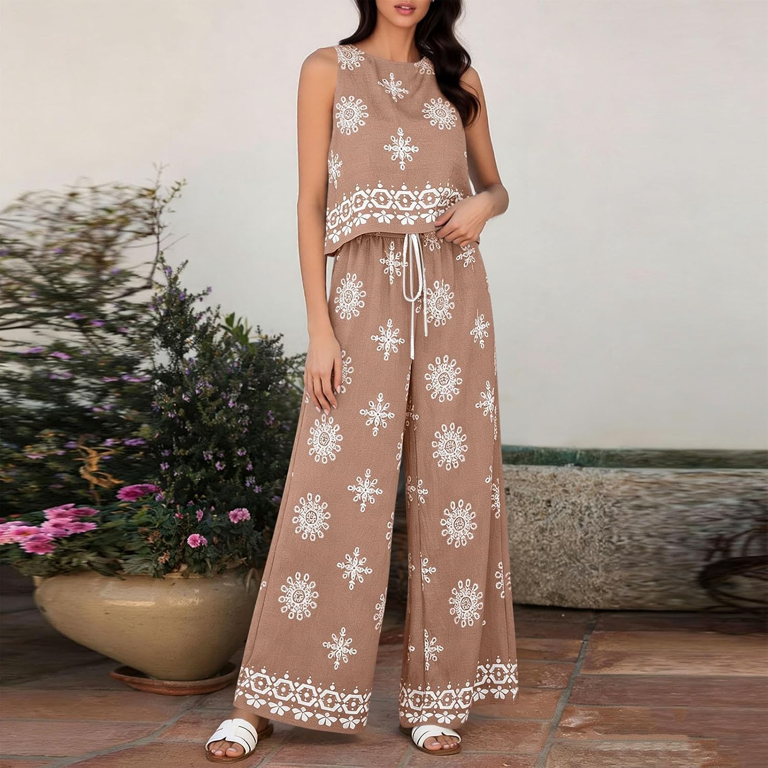Xiaojmake Women's Summer 2 Piece Lounge Sets Boho Floral Tank Tops Wide Leg Flowy Pants Travel Vacation Beach Outfits 2026