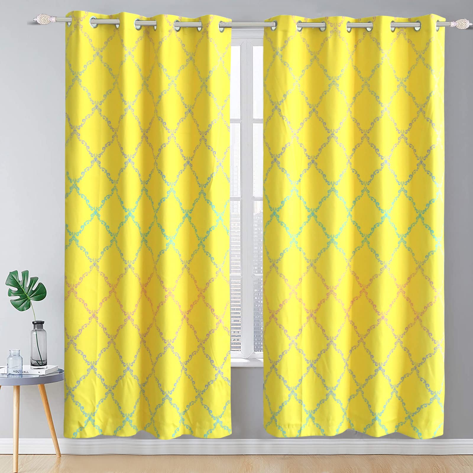 Geometric Blackout Curtain Yellow Gradient Lattice Window Curtains Blackout Thermal Insualted Darkening Window Curtain Panel For Class Living Room Gromment Window Panel 96 Inch Long 2 Panels Set