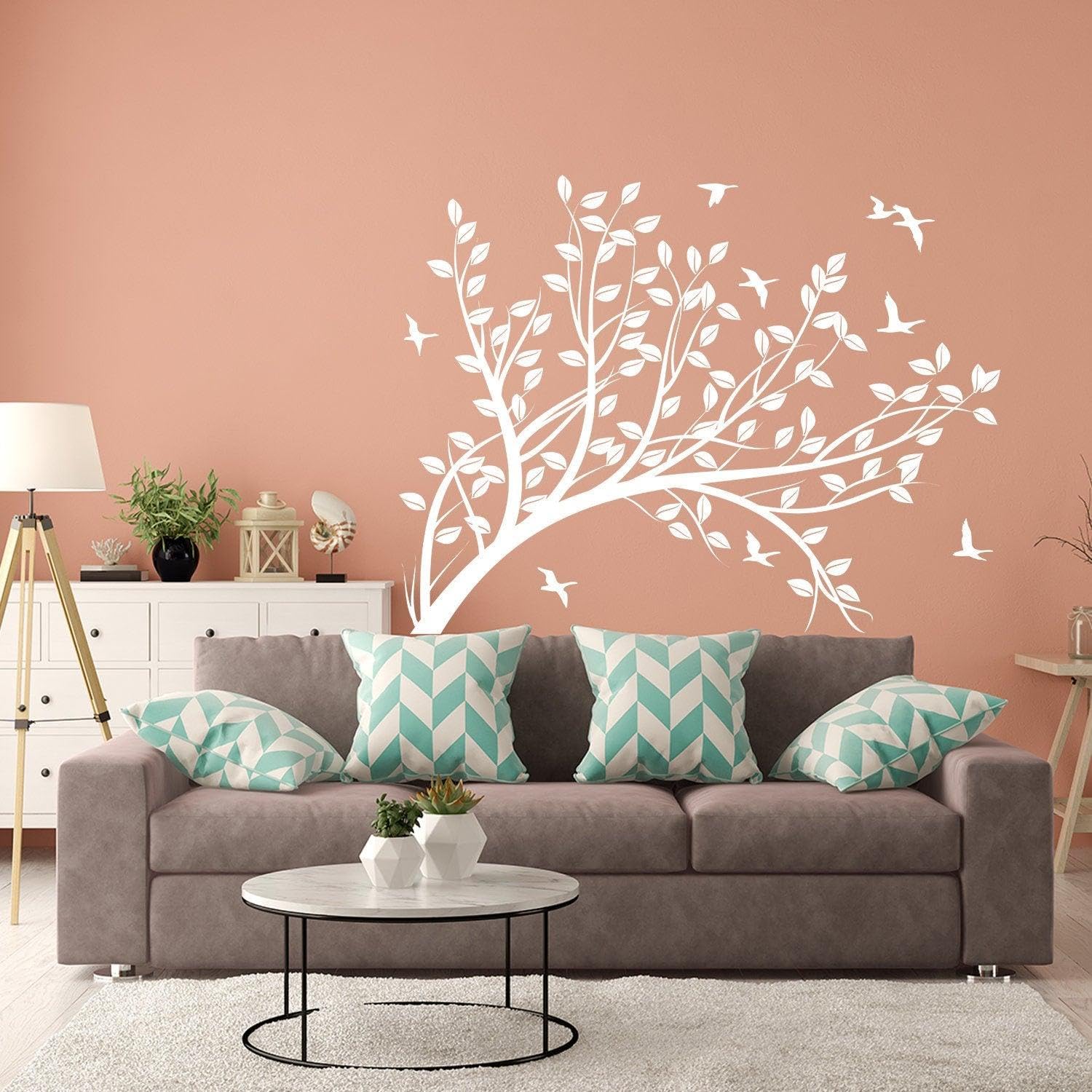 Calcomanía de vinilo con diseño de rama de árbol de pared - Calcomanías de pájaros para habitación de niños, 55 x 42 pulgadas