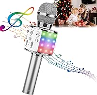 Vista 7 de ShinePick Micrófono de karaoke, micrófono inalámbrico 4 en 1 con luces LED, máquina de karaoke portátil de mano, reproductor de KTV para el hogar