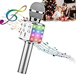 ShinePick Karaoke Microphone, 4 in 1 Wireless Microphone with LED Lights Handheld Portable Karaoke Machine, Home KTV Player, Compatible with Android & iOS Devices (Silver)
