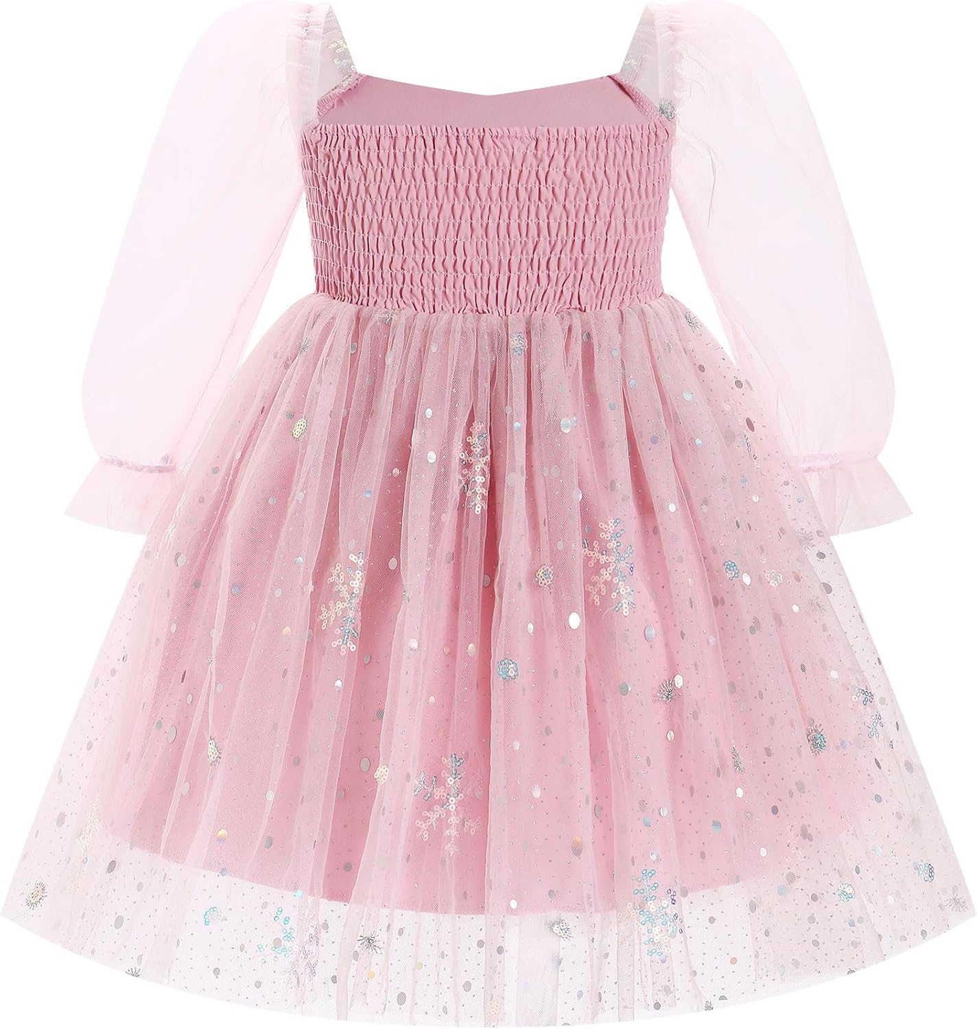 AWIBMK Kids Baby Girls Mesh Long Sleeve Birthday Princess Tulle Tutu Dress Square Neck Smocked Back Wedding Party Dress Pink Sequins Snowflake 18-24 Months - Image 3