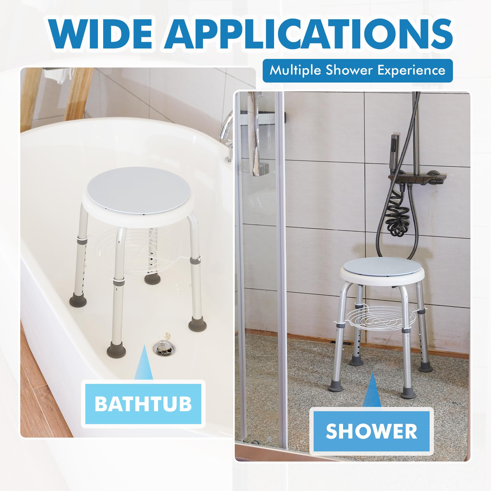 Taburete de ducha redondo para ducha interior, asiento giratorio de 360 grados para bañera con estante de almacenamiento, taburete de ducha giratorio ajustable, capacidad de peso de 300 libras,