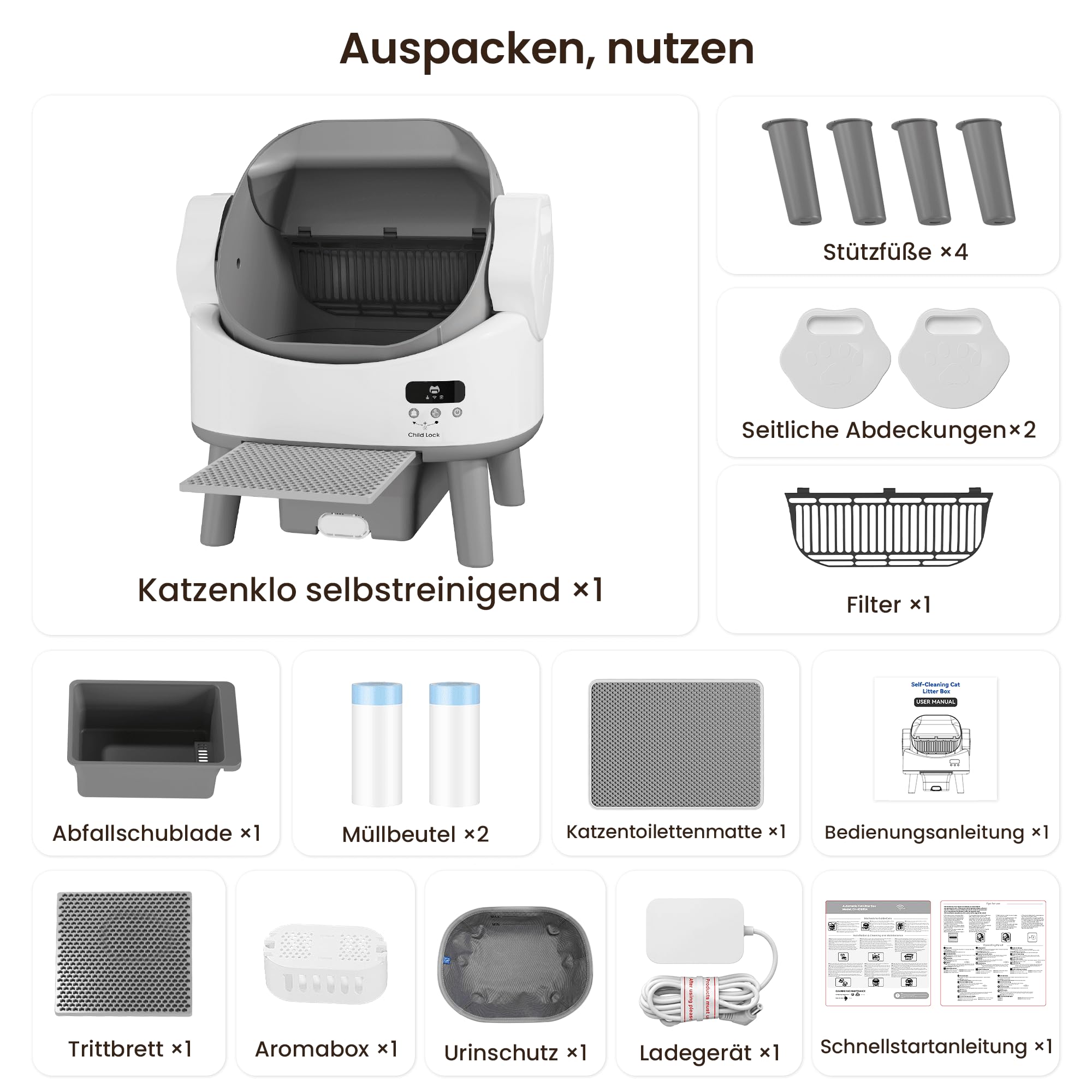 JUMMICO Selbstreinigende Katzentoilette, Automatisches Katzenklo für große Katzen bis 10kg, Elektrisches Katzentoilette mit Sicherheitsschutz & Geruchsbeseitigung,Ideal für Mehrkatzenhaushalte