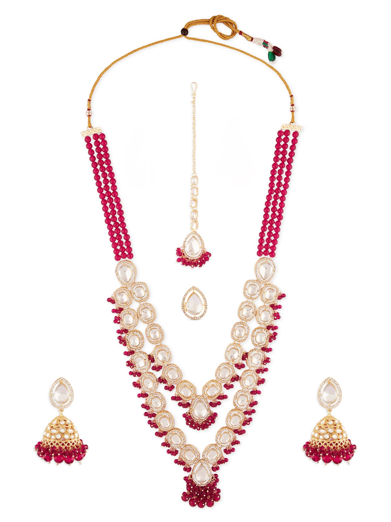 ZAVERI PEARLS Rani Pink Beads Dazzling Stones Layered Bridal Long Necklace Earring Maangtikka Ring Set For Women-ZPFK18076 (B0D3Q317VV) Amazon Price History, Amazon Price Tracker
