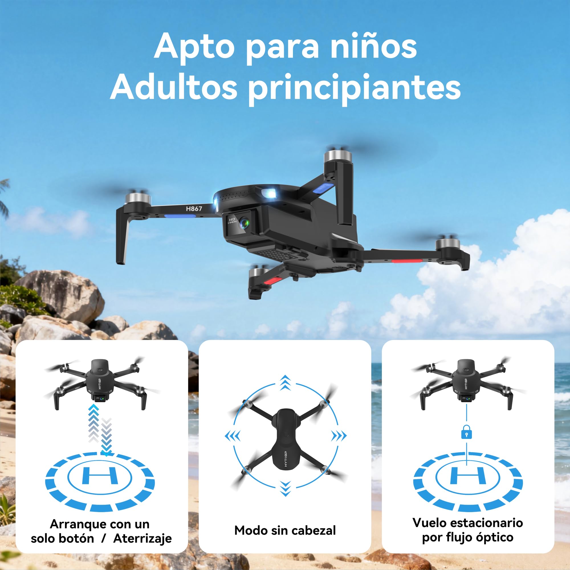 H867 Drones con Cámara 4K para Adultos y Principiantes, Motor Sin Escobillas, 36 Min de Vuelo (2 Baterías), Volteretas 360°, Cuadricóptero RC Plegable(Negro)(Estándar)