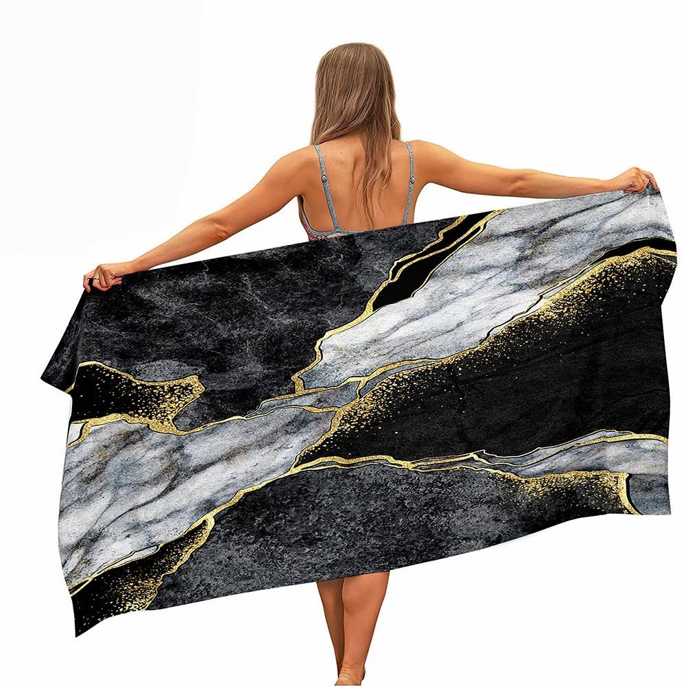Surwin Girls Grey Black Marble Printed Large Beach Towel Microfibre Bath Towel Quick Dry Lightweight Summer Towels For Travel, Swim, Camping, Fitness, Sports, Yoga (,80X160cm)