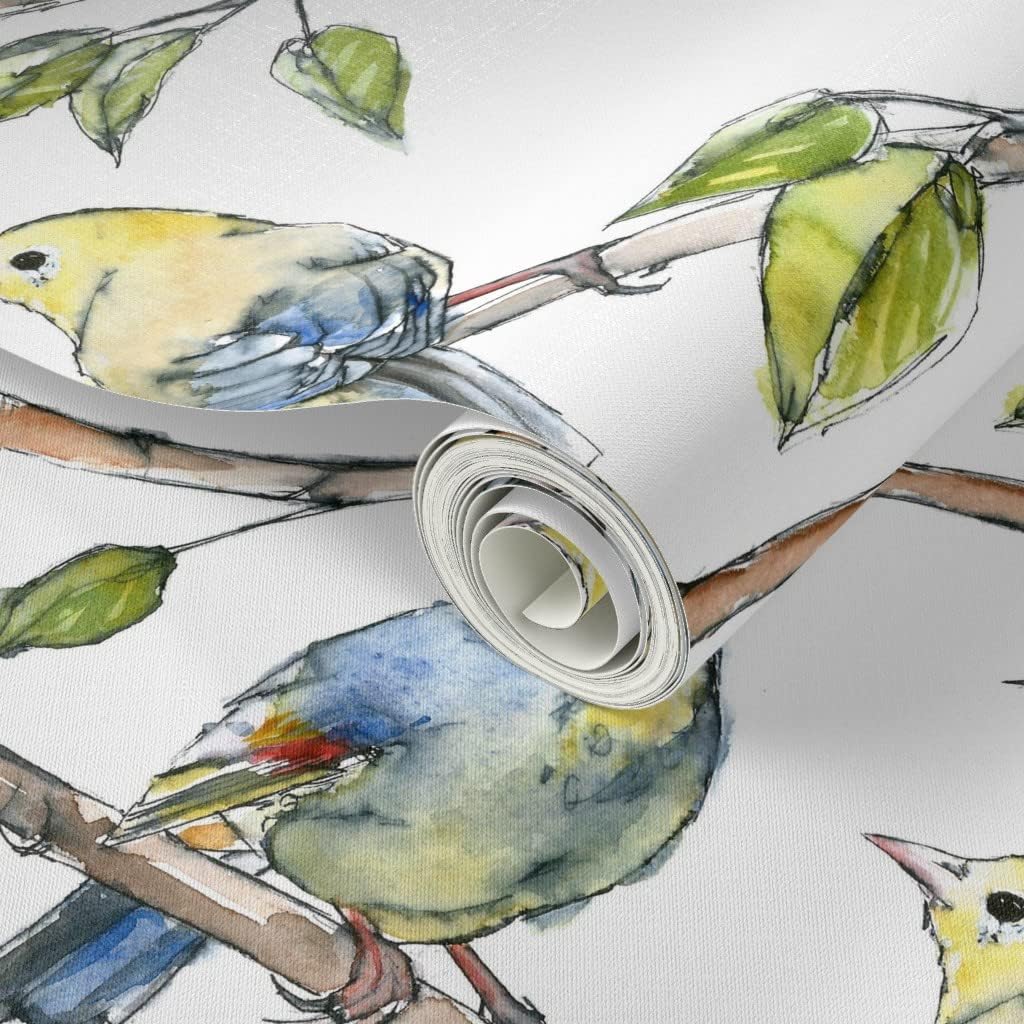 Peel & Stick Wallpaper 3ft x 2ft - Watercolor Birds Nature Bird Painting Happy Branch Green Yellow Bright Woodland Custom Removable Wallpaper by Spoonflower