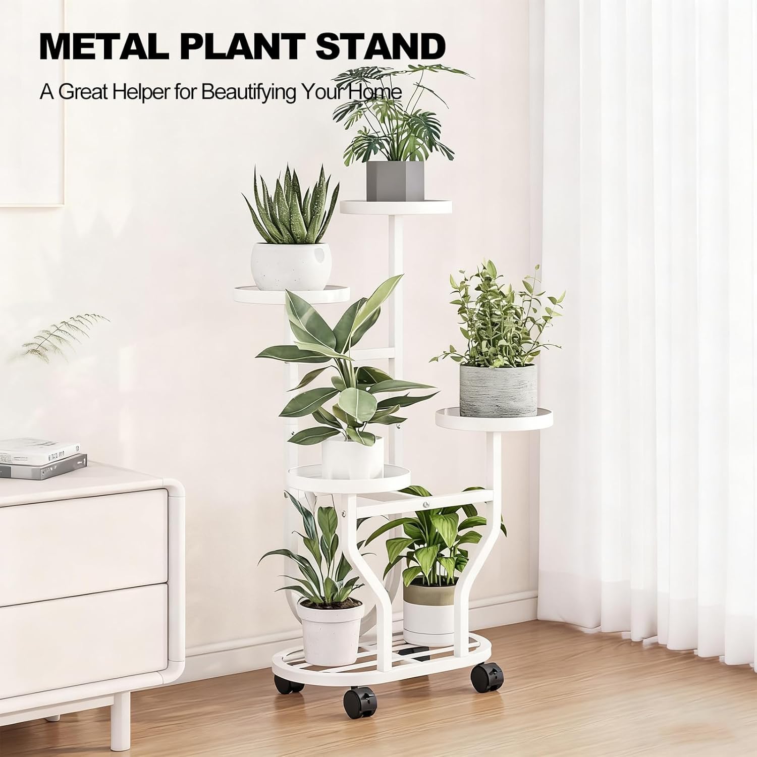 Plant Stand Indoor Outdoor 4 Tier Flower Holder with Wheels Metal Plant Shelf Corner Display Rack Multi Plants Sheleves for Living Room Garden Patio White