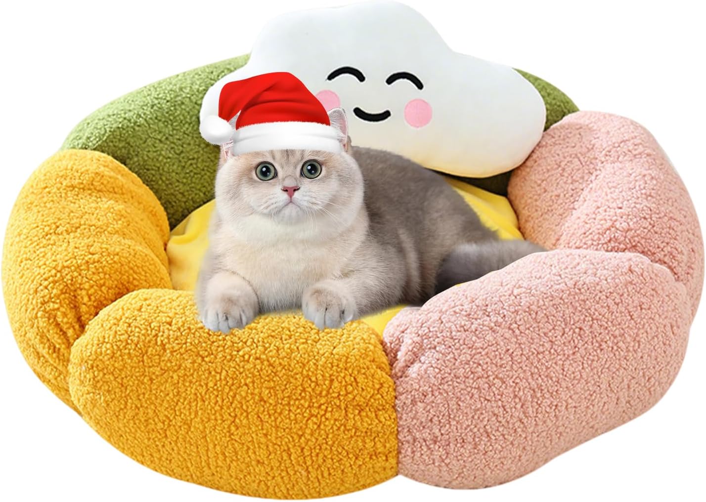 Cute Flower Cat Bed with Cloud Pillow,Calming Donut Bed for Indoor Kittens Washable Fluffy Cat Sleeping Nest Anti-Slip Bottom for Small Pet Kitten