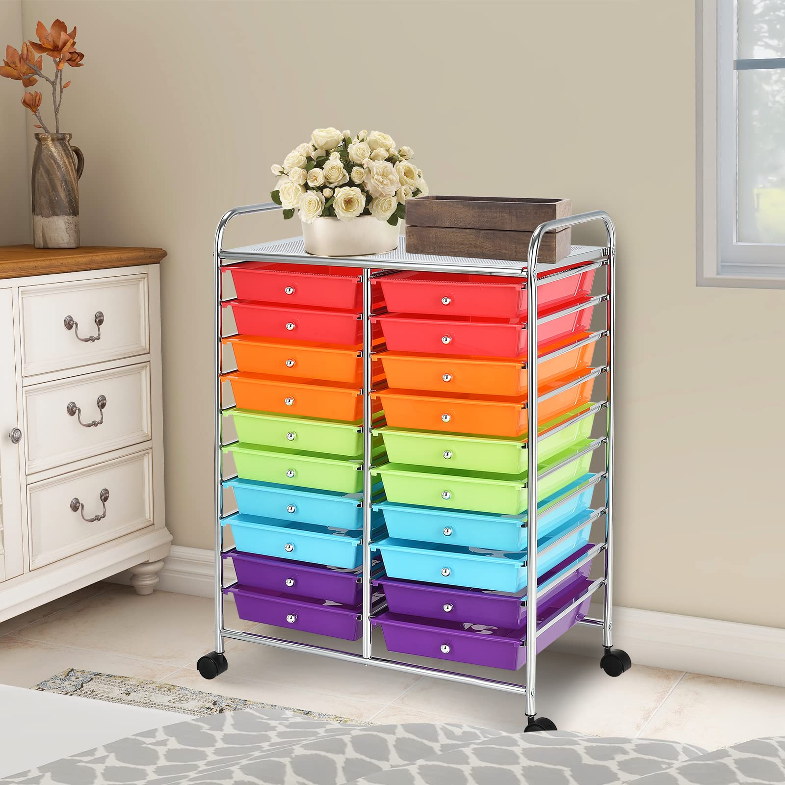 GOPLUS Chariot de Rangement 20 Tiroirs, Tour de Rangement à roulettes, Cadre en Acier, pour Chambre, Bureau, 64 x 38 x 87 CM, Multicolore