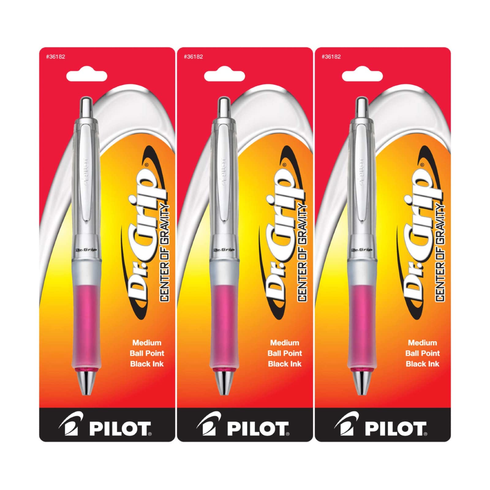 Pilot Dr Grip Center of Gravity Retractable Ball Point Pen Medium Point Black Ink Pack of 3 Pink