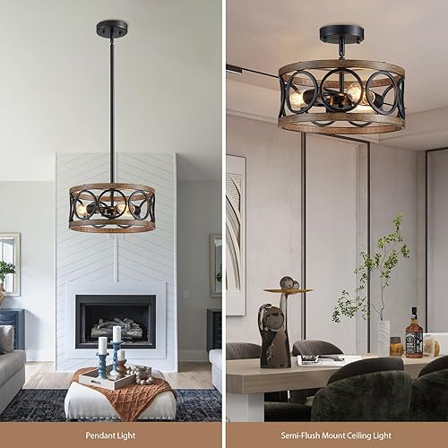 Miniatura 2 de Lámpara colgante de granja, lámpara de techo para dormitorio, pasillo, cocina, entrada, comedor, 3 lámparas colgantes de níquel y madera de grano de