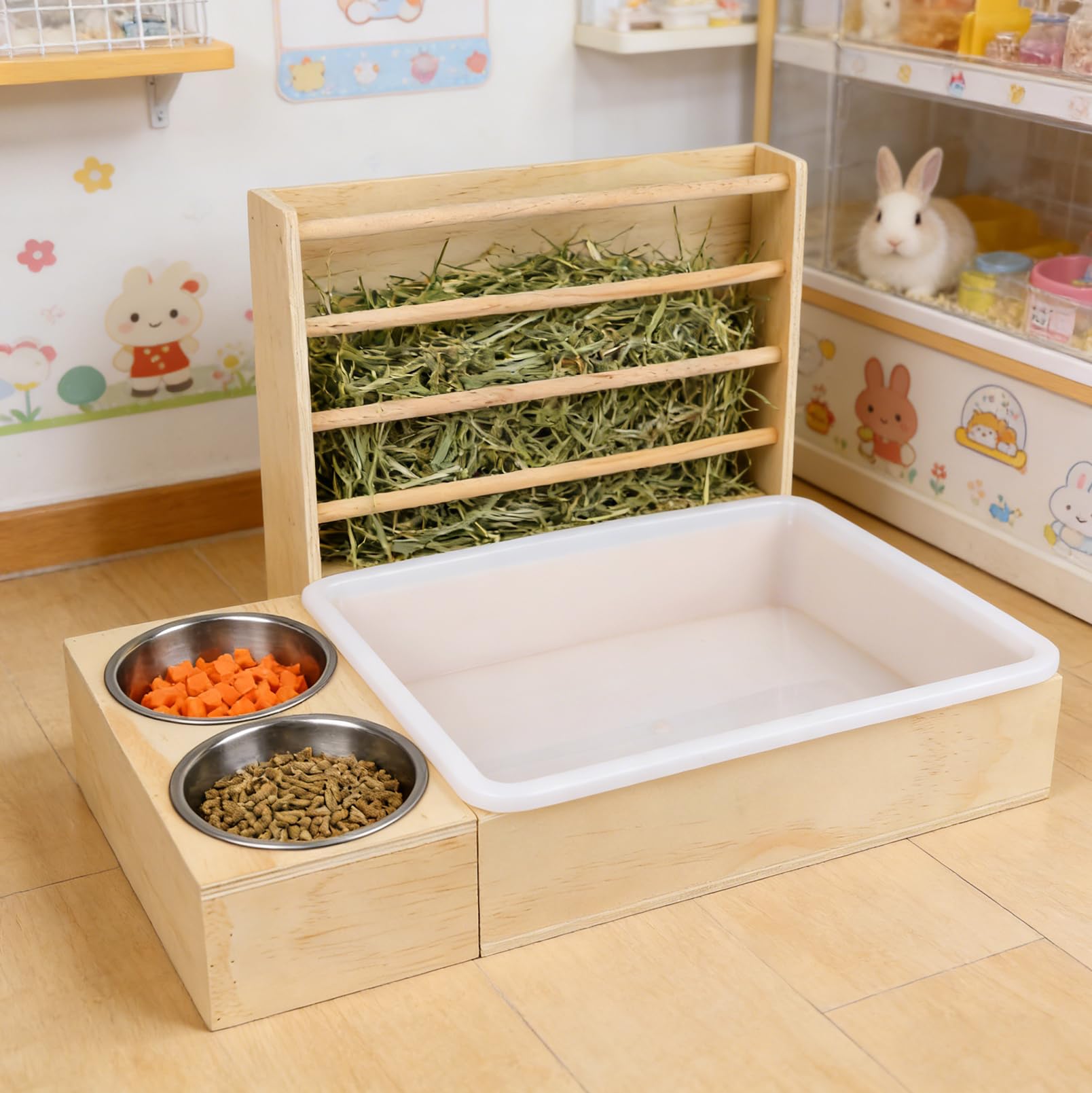 Mangeoire à foin 3 en 1 pour lapin avec bac à litière et bols - Station d'alimentation en bois avec support à foin - Distributeur de nourriture pour lapin - Pour cochon d'Inde, hamster, chinchilla et