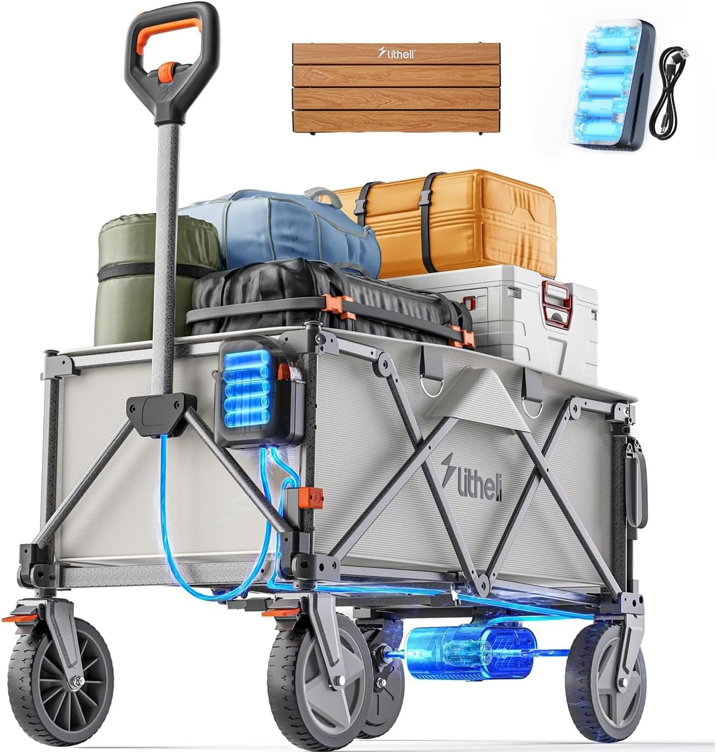 Litheli Collapsible Wagon Cart with Wheels, Foldable, 200L Heavy Duty, 8" All Terrain Wheels, Large Capacity Utility Wagon for Grocery Shopping, Sports, Garden, Camping with Egg Roll Folding Table