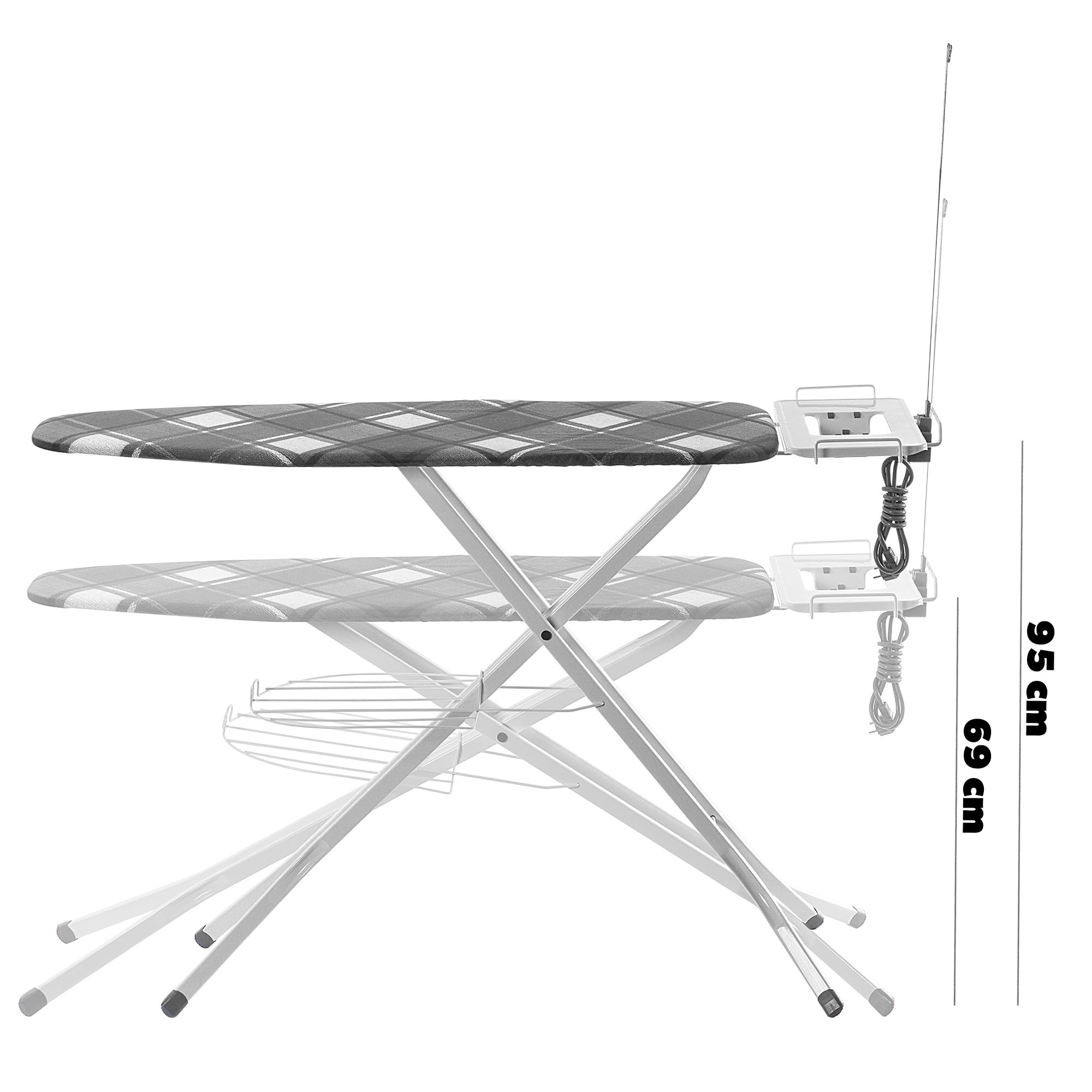 KADAX großes Bügelbrett 120x38cm - Stabiler Bügeltisch für Dampfbügelstation, klappbar, höhenverstellbar, mit hitzebeständiger Bügeleisenablage, mit Steckdose