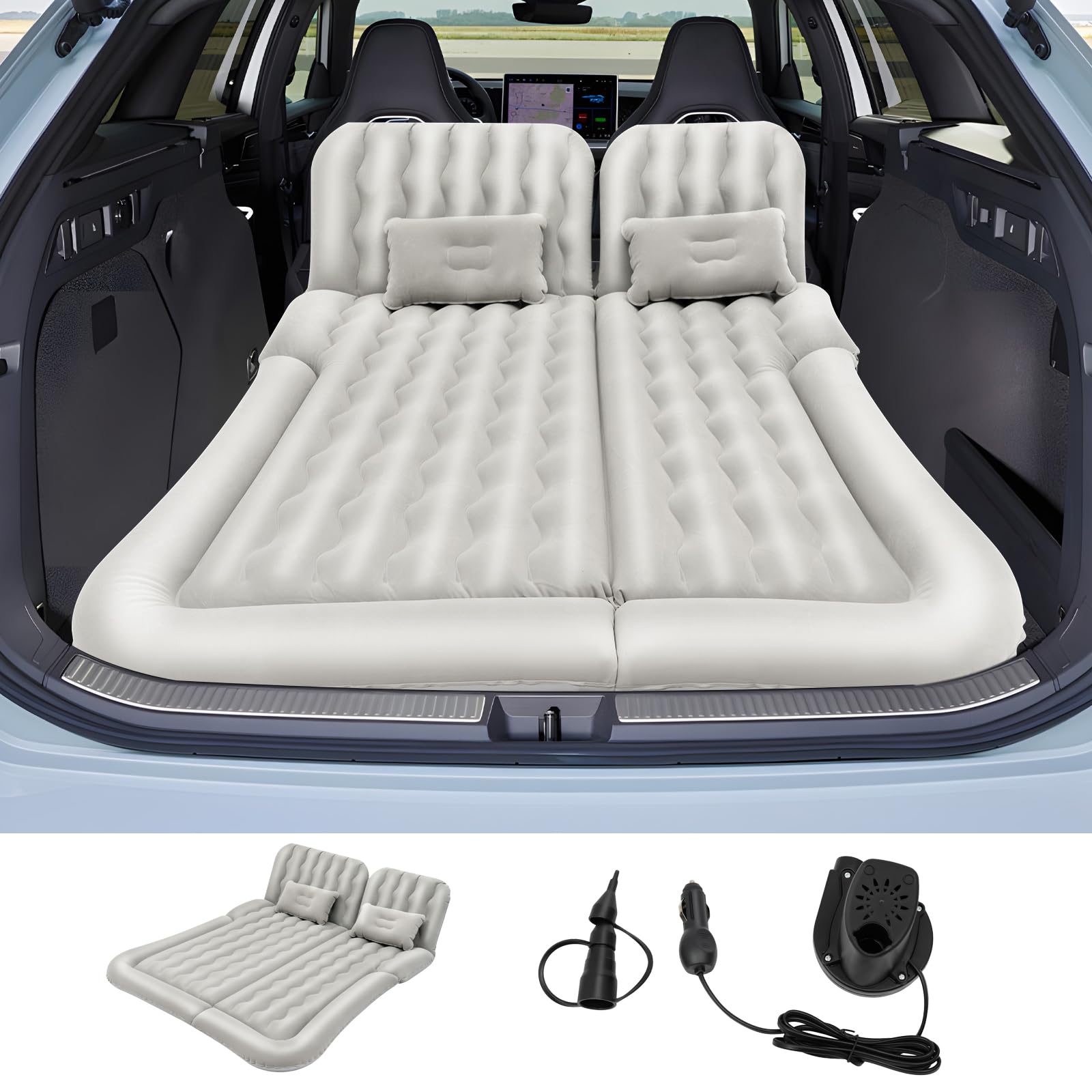 Auto Luftmatratze SUV Aufblasbare Matratze Luftbett Camping Faltbare Luftmatratze Auto mit 2 Kissen & Aufblasbare Pumpe Doppelseitige Verdickte Beflockung für Reisen, Camping (Grau)