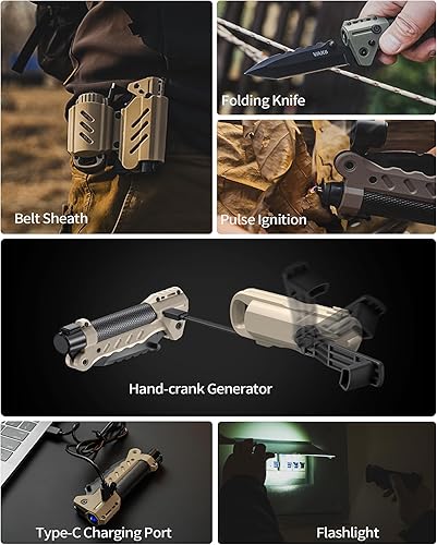 Miniatura 4 de VIPERADE VAK6 Multiherramienta de supervivencia con cuchillo plegable, linterna LED, encendido por pulso y generador de manivela, cuchillo