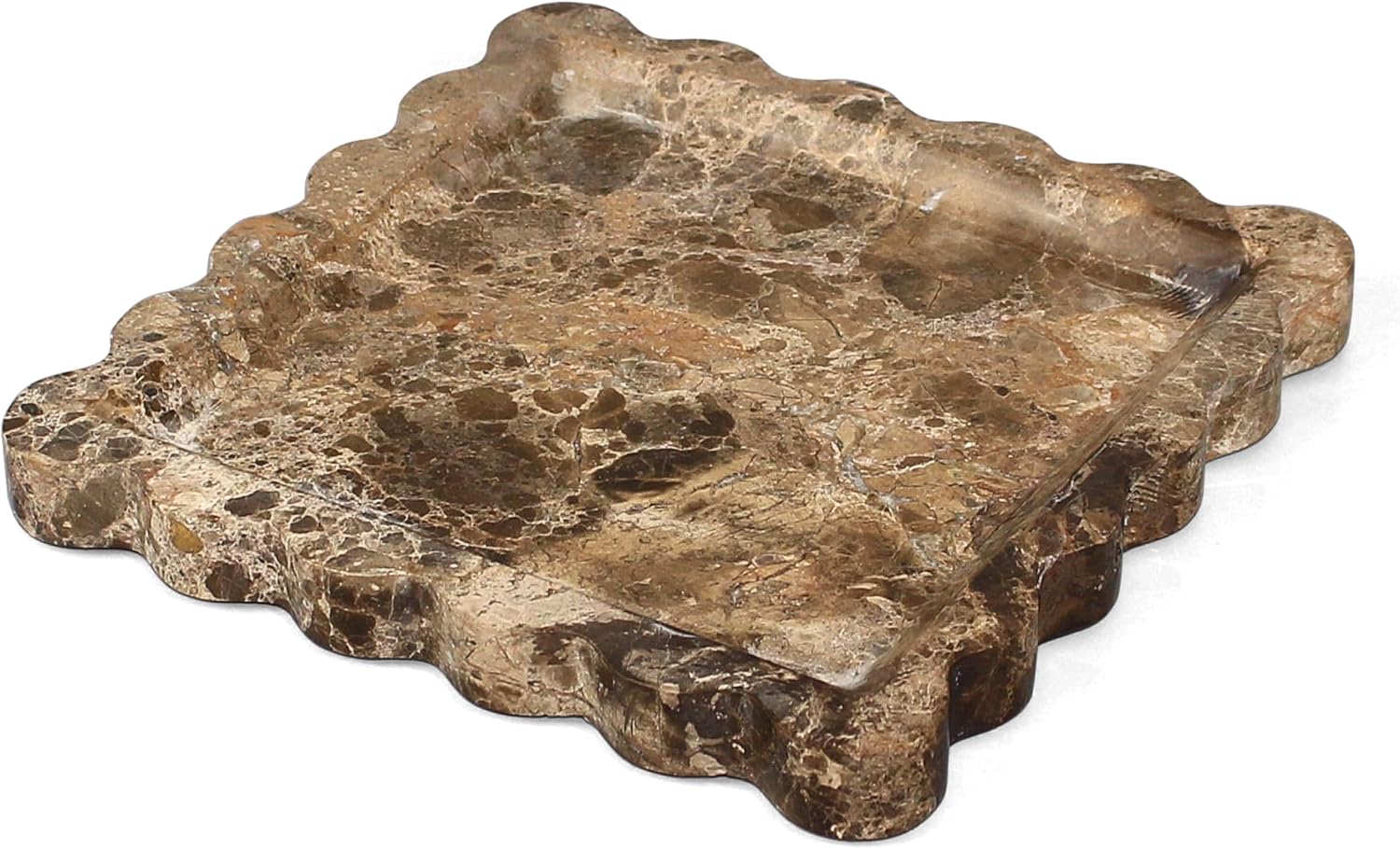 YMXYJM-Natural Marble Vanity Tray with Scalloped Edge - Luxury Perfume Jewelry Tray Decor for Dresser, Vanity, Sink, Bathroom Counter Handmade Decorative Square Stone Tray - Brown 8 * 8 inch